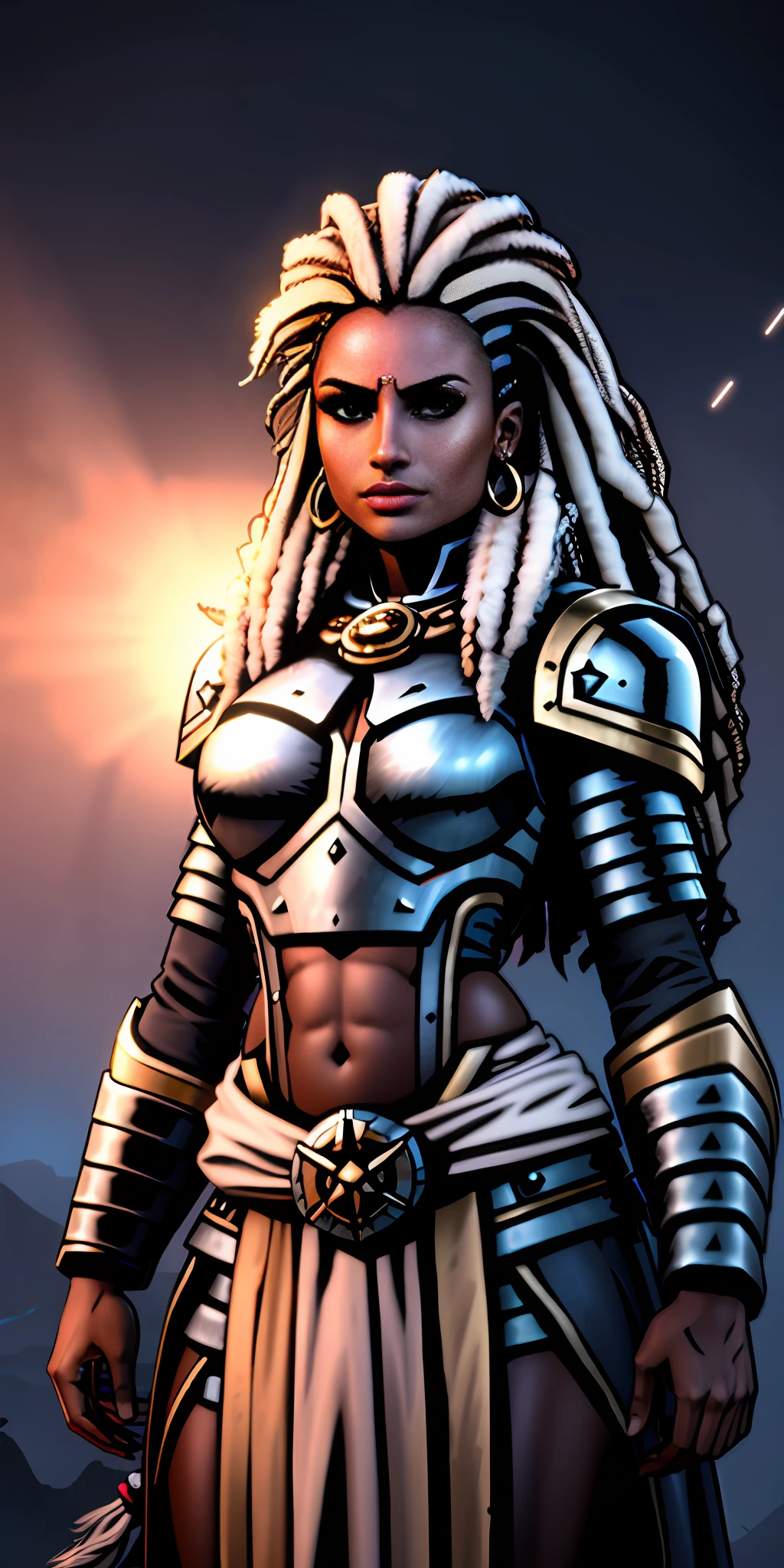 realistic portrait of handsome young African american woman ((dark skin color, showing belly, crotch)), cute smile, ((standing looking at the night sky with a flying ship)), wearing futuristic armor, long hair mega hair, dreadlocks, ((kanekalon)), dark background lighting, close-up, detailed facial details, perfect face, sharpness, trend art, sharp facial details, ultra high quality, Line Art, High Fantasy, Exquisite, 4K, Soft Lighting 8K, Dreamer --ISO 100
