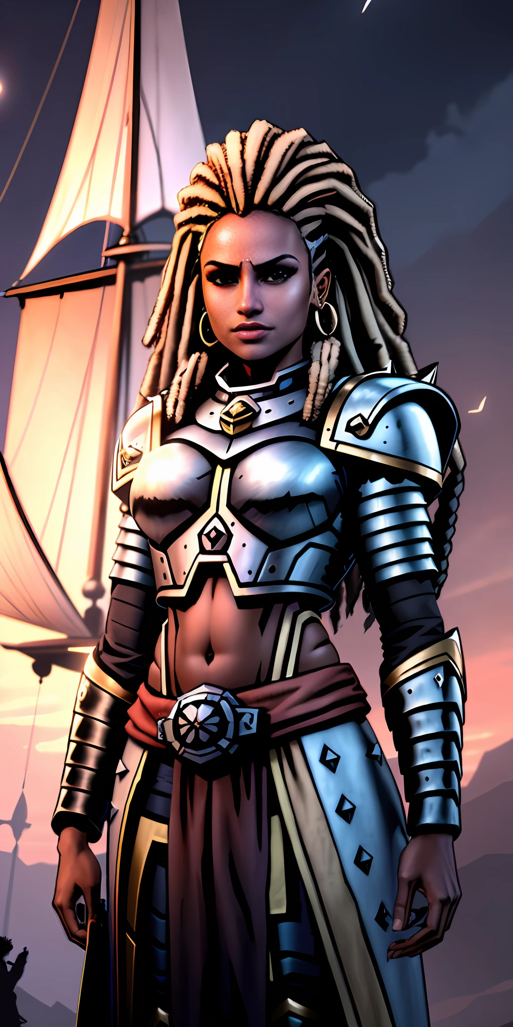realistic portrait of handsome young African american woman ((dark skin color, showing belly, crotch)), cute smile, ((standing looking at the night sky with a flying ship)), wearing futuristic armor, long hair mega hair, dreadlocks, ((kanekalon)), dark background lighting, close-up, detailed facial details, perfect face, sharpness, trend art, sharp facial details, ultra high quality, Line Art, High Fantasy, Exquisite, 4K, Soft Lighting 8K, Dreamer --ISO 100