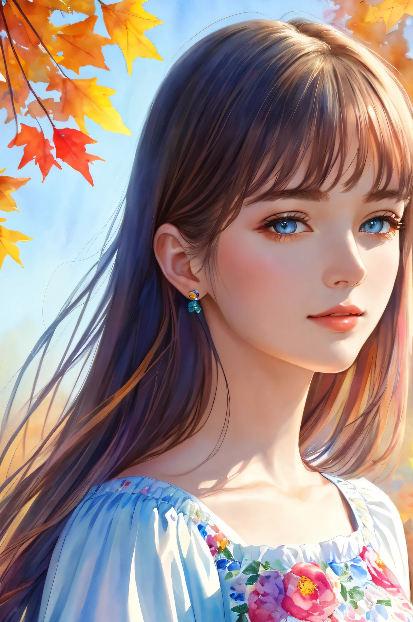 (8K, Best Quality, Masterpiece: 1.2), (Best Quality: 1.0), (Ultra High Definition: 1.0), Watercolor, Beautiful Woman, Shining Eyes, Shoulders, Hair Ribbon, Agnes Cecil, Half-Body Portrait, Very Bright Bright Design, Pastel Colors, (Ink: 1.3), Autumn Light,