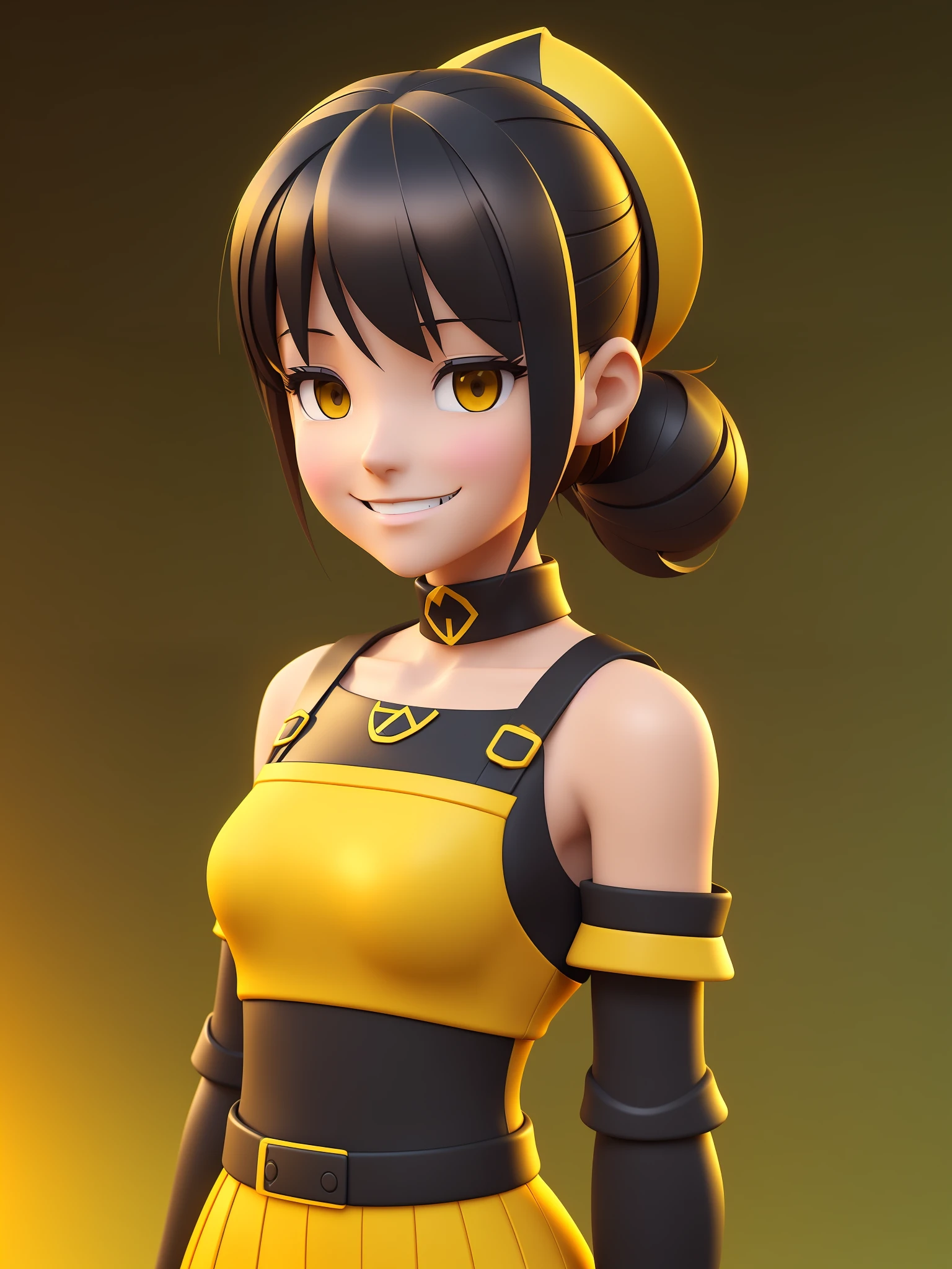 Young girl, a cartoon character dark yellow outfit, expression with ((melancholic smile)), (hair up to shoulder), stylized character, animation character, stylized 3d render, 3d character, highly detailed character, stylized anime, stylized 3d, render character, character model, close up, maximum quality