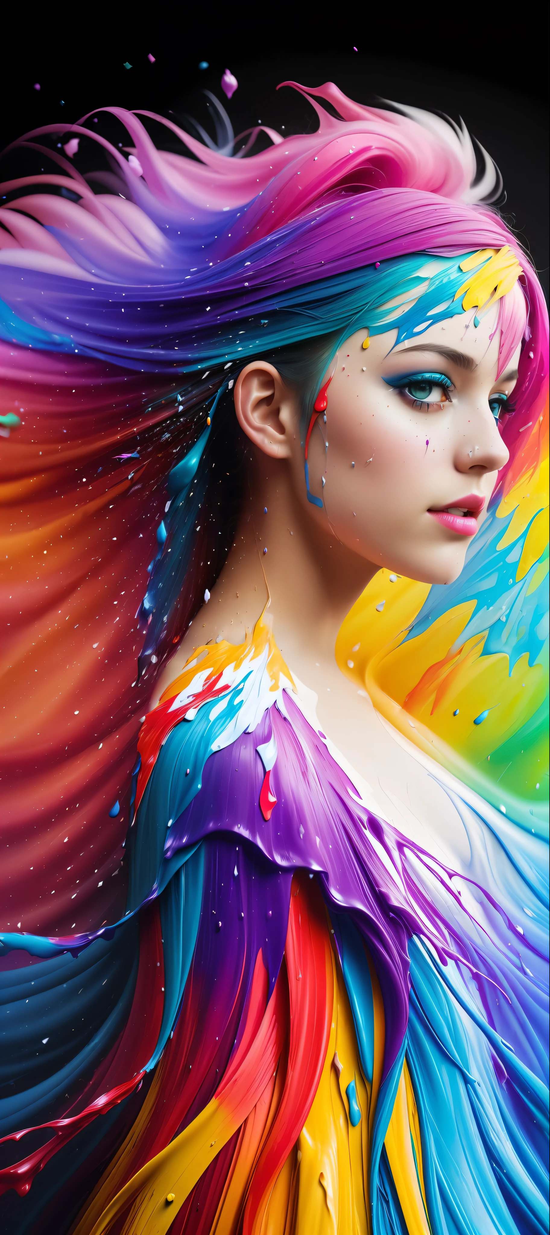 (level difference:1.8),(Paint colliding and splashing on the canvas),(depth of field),1girl's side face blends into it,(side face),open mouth,(liquid paint rainbow hair:1.1) made of paint and defies gravity,thick flowing,(paint splatter:1.3),Liquid state,stunningly beautiful, masterpiece, detailed background,ultra high quality model, ethereal background,abstract beauty, explosive volumetric, oil painting,heavy strokes,Romantic lighting,Sub-Surface Scatterring,lens 135mm,f1.8,glow,8k,high resolution, dreamy,ray tracing,hdr,god rays,