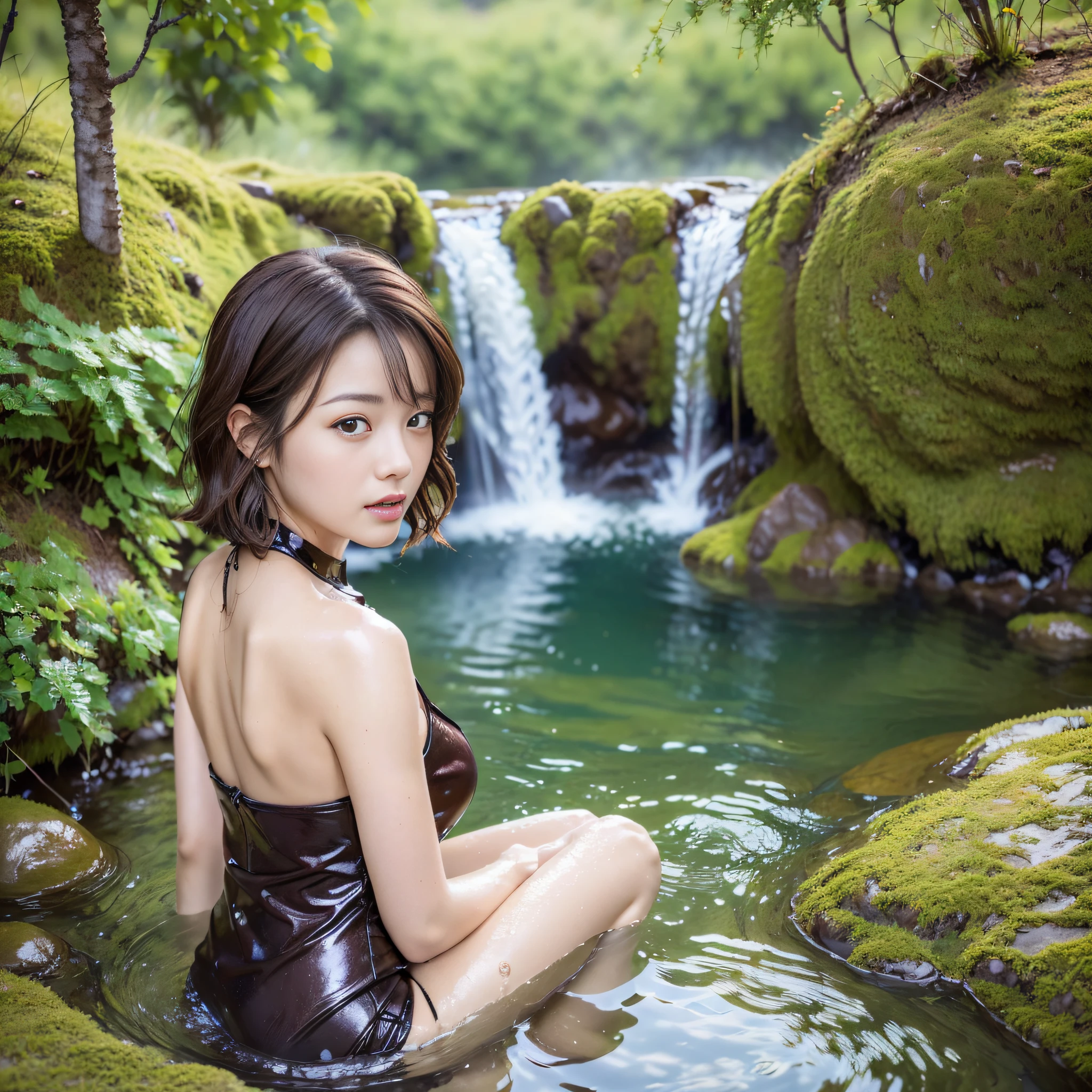 (Best quality, 8k, 32k, Masterpiece, UHD:1.2),Photo of Pretty Japanese woman, 1girl, (medium-short dark brown hair), double eyelid, huge hot spring in nature, nature view, soak in water, look back