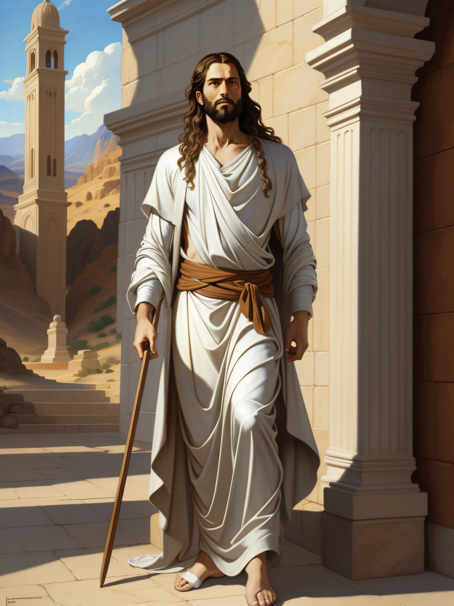 A beautiful ultra-thin realistic portrait of Jesus, the prophet, a 33-year-old Hebrew man, long brown hair, long brown beard, wearing white tunic, in front view, full body, biblical, realistic, in the desert intricate details, by Abbott Fuller Graves, Bartolome Esteban Murillo, J.C. Leyendecker, Craig Mullins, Peter Paul Rubens, (Caravaggio), Trend in Artstation, 8K, Concept Art, PhotoRealistic, Realistic, Illustration, Oil Painting, Surrealism, HyperRealistic, brush brushes, Digital art, style, watercolor