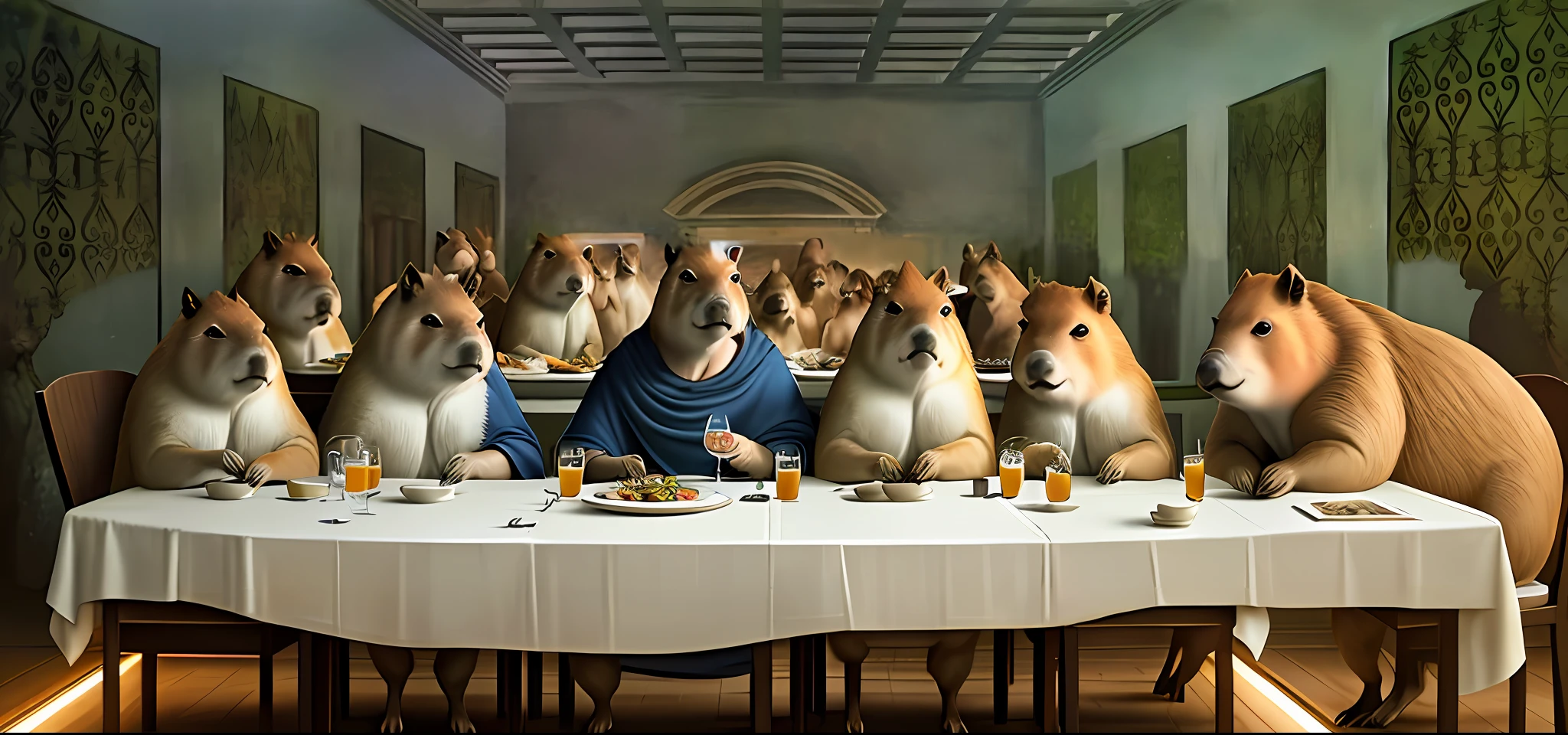 The Last Supper, Capybaras, 8k, High Definition, Hyper-realistic, + cinematic plane + dynamic composition, incredibly detailed, sharpness, detail details + night with light + perfectionism + award-winning realism ((ambient lighting))