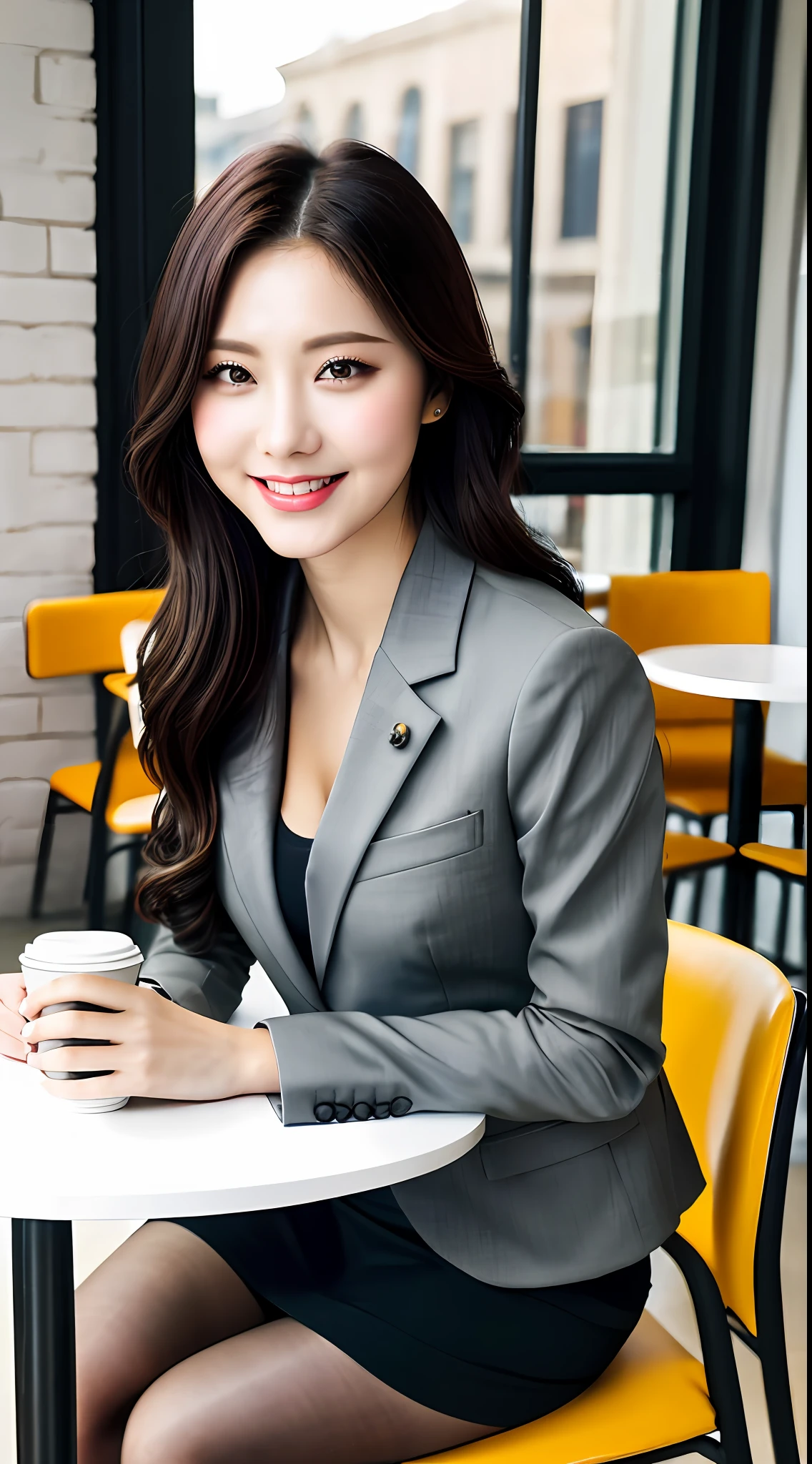 Top Quality, Masterpiece, 1 Girl, Beautiful Face, (Photorealistic Picture:1.3), Rim Lighting, (High Detail Skin:1.2), 8K UHD, DSLR, High Quality, High Definition, 4K, 8K, Background Bokeh, Absurdity, Beauty, Kpop Idol, (Real: 1.3), (1 person: 1.5), Wearing a gray formal suit, Middle chest, Short skirt, Black pantyhose, high heels, smile , (Big eyes: 1.1), (Corners of eyes lowered:1.1), (Double eyelids:1.5), (Perfect Body Beauty:1.5), Sitting on a chair by the window in a café, legs together, knees together, one coffee cup, (1 table: 1.1)