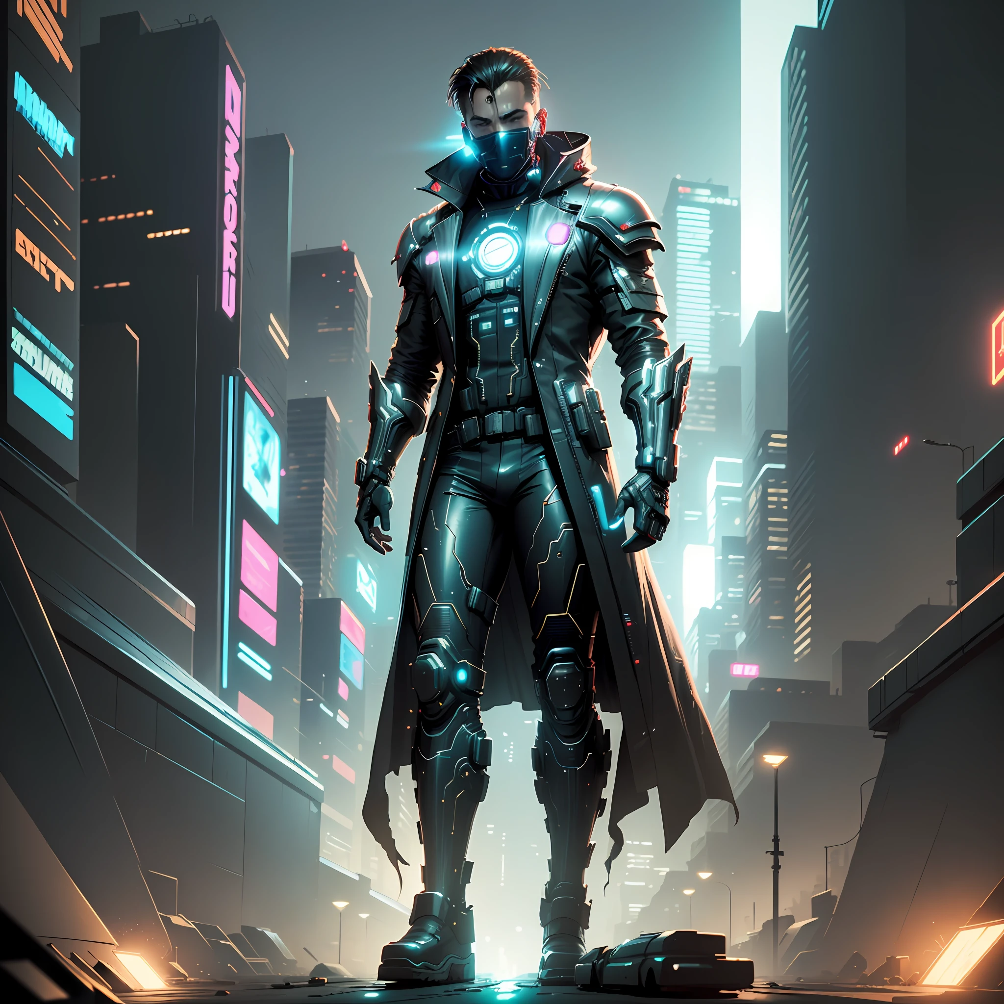 (best quality:1.3), (best performance:1.2), (best illustration:1.2), (Comic style:1.2), (artistic cinematic lighting:1.2) (1man) wearing futuristic technological Cyberpunk electronic robes, his body is covered by metallic parts, in a cinematic horror movie background in a futuristic Cyberpunk city.
