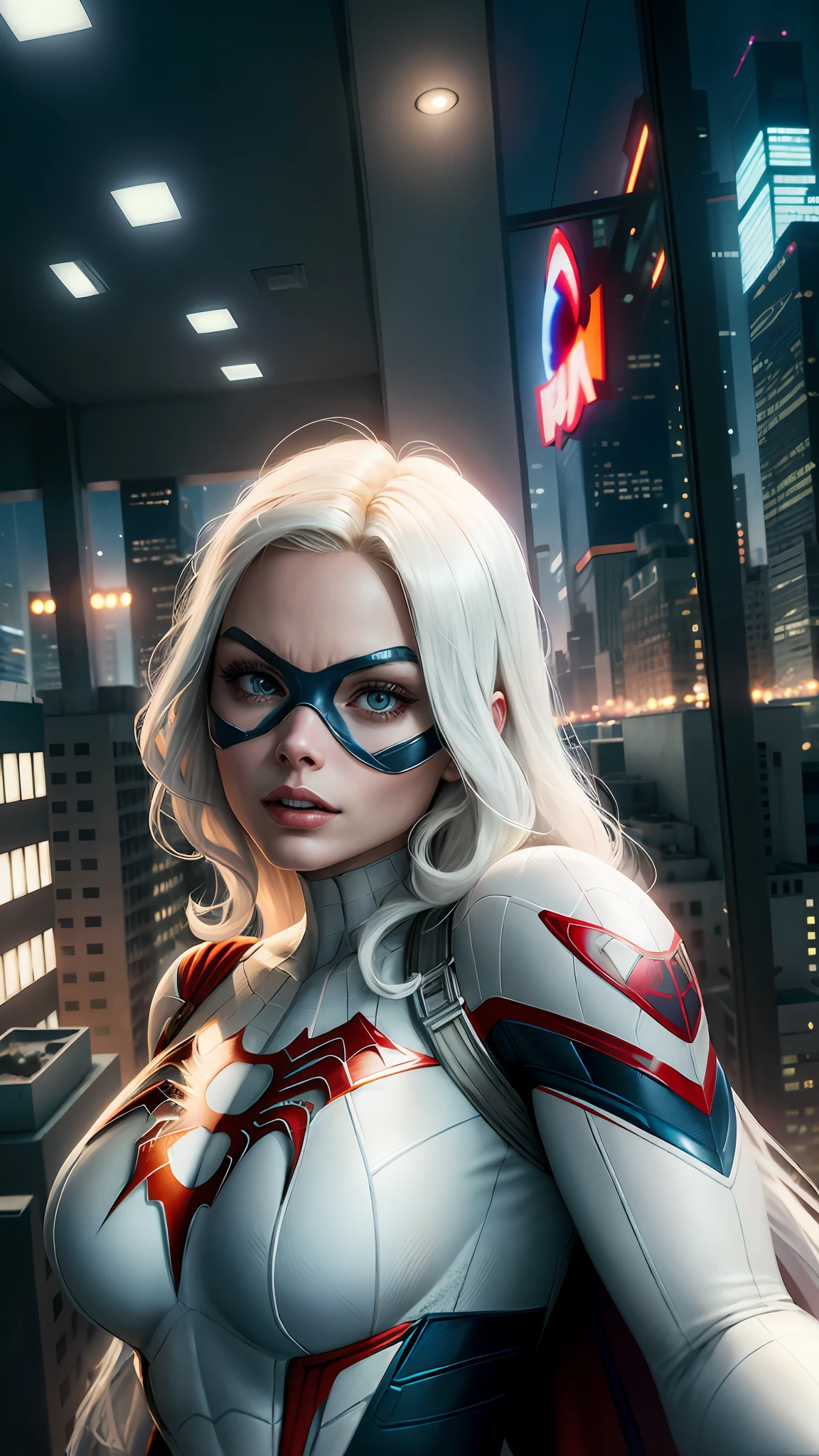 Margot Robbie (Masterpiece, 4k resolution, ultra-realistic, very detailed), (White superhero theme, charismatic, there's a girl at the top of town, wearing Spider-Man costume, she's a superhero), [ (25 years), (long white hair:1.2), full body, (blue eyes:1.2), ((Spider-Man pose),show of strength, jumping from one building to another), ((sandy urban environment):0.8)| (cityscape, at night, dynamic lights), (full moon))] # Explanation: The Prompt mainly describes a 4K painting of ultra-high definition, very realistic, very detailed. It shows a superheroine at the top of the city, wearing a Spider-Man costume. The theme in the painting is a white superhero theme, the female protagonist has long white hair, is 25 years old and her entire body is shown in the painting. In terms of portraying the actions of superheroines, spiders are employed