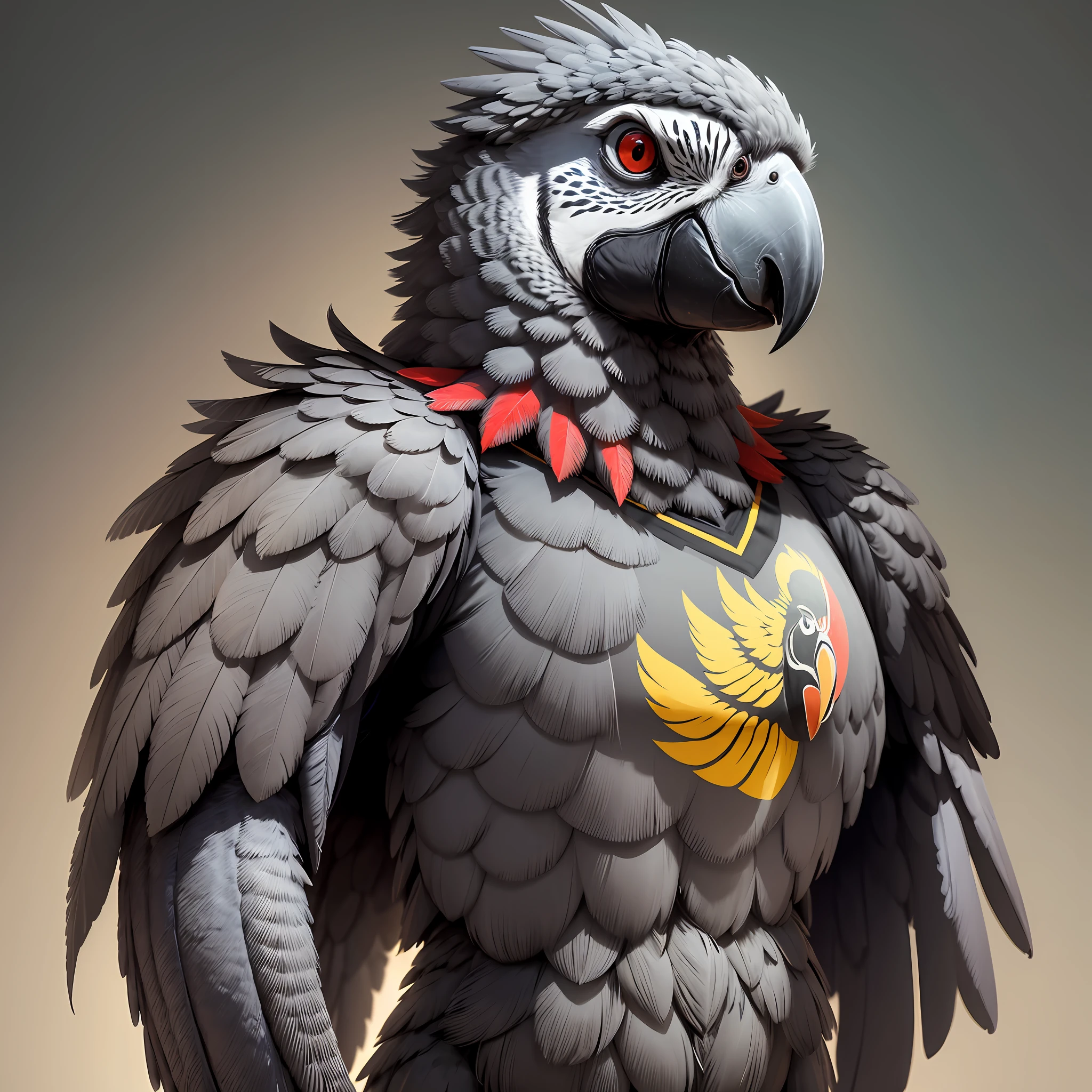 Football team mascot style, appearance, symbol, logo, a single parrot, African grey parrot, strong, muscular, pectoral, strong arms crossed, from waist up, brave parrot face, closed face, strong parrot body with feathers, black eyes, gray and black colors, high quality, 4k, HD, football mascot image model. --auto --s2