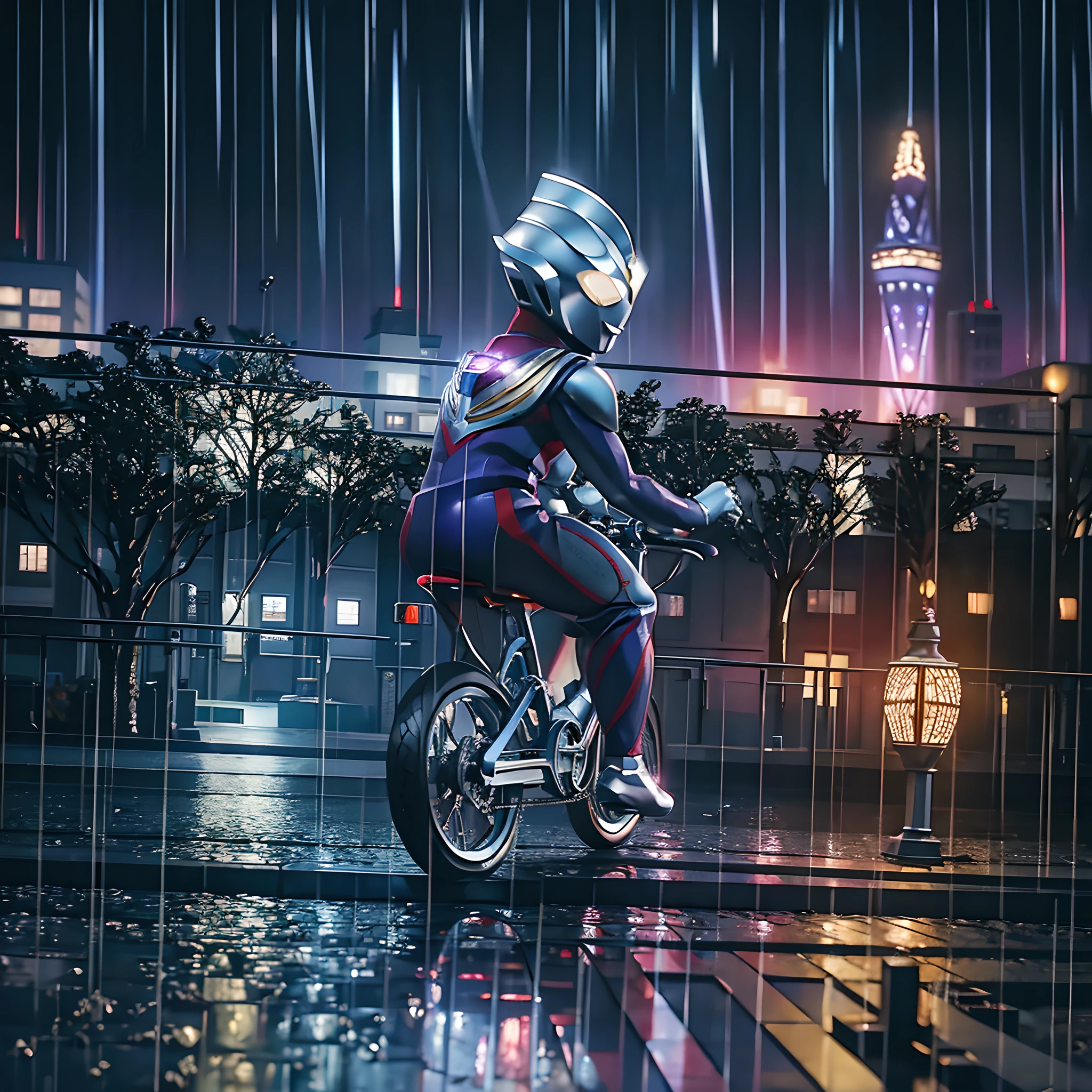 1BOY riding bikes suburban street storm and rain, (masterpiece:1.2) (photorealistic:1.2) (bokeh) (best quality) (detailed skin:1.3) (intricate details) (8k) (HDR) (cinematic lighting) (sharp focus) ALIEN.TOKUSATSU.GLOWING EYES