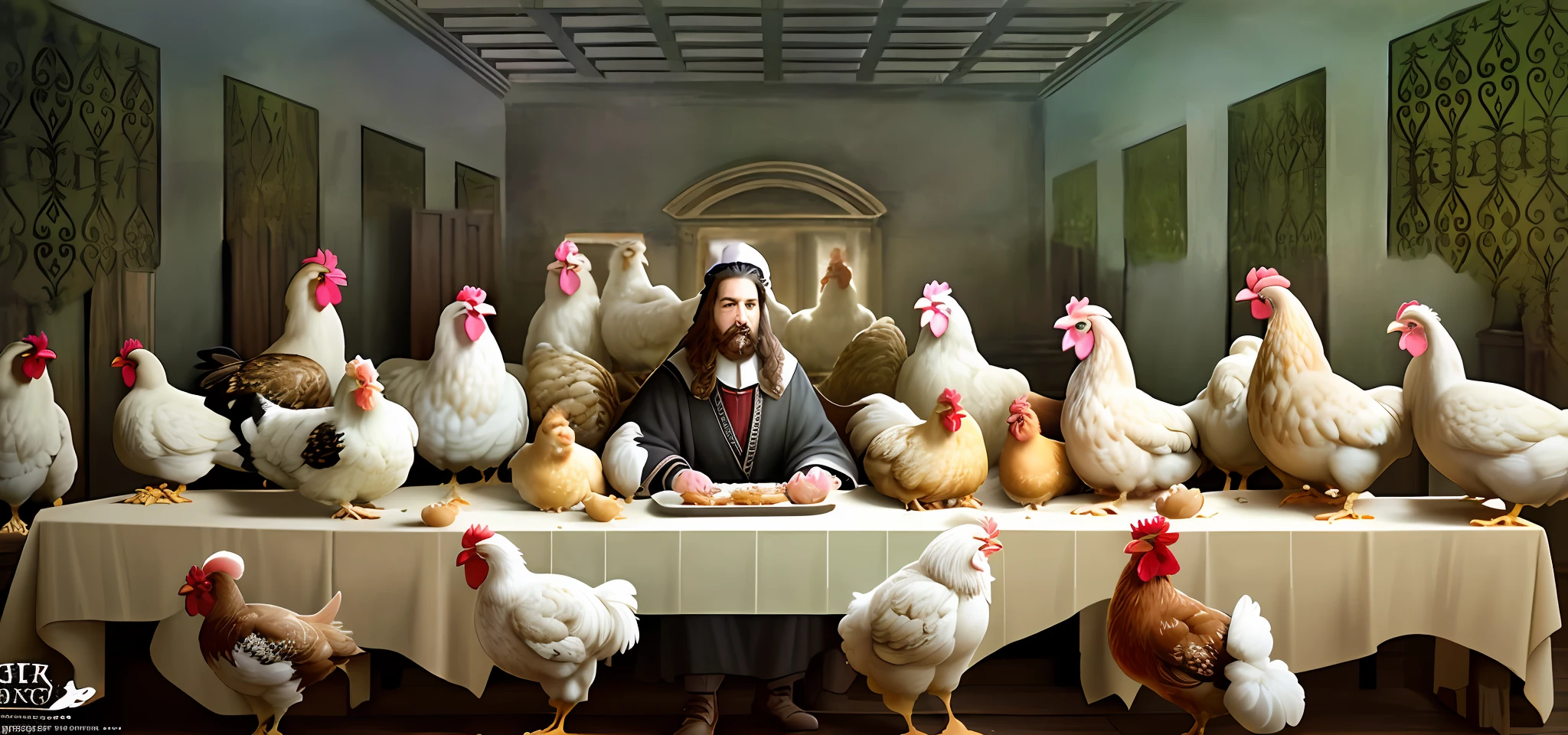 Chickens, the last supper,8k, high definition, hyper-realistic, + cinematic shot + dynamic composition, incredibly detailed, sharpness, detail details + night with light + perfectionism + award-winning realism ((ambient lighting))