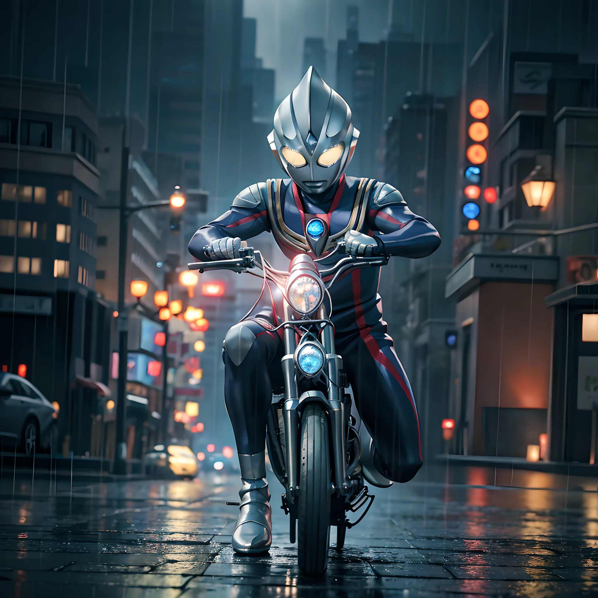 1BOY riding bikes suburban street storm and rain, (masterpiece:1.2) (photorealistic:1.2) (bokeh) (best quality) (detailed skin:1.3) (intricate details) (8k) (HDR) (cinematic lighting) (sharp focus) ALIEN.TOKUSATSU.GLOWING EYES