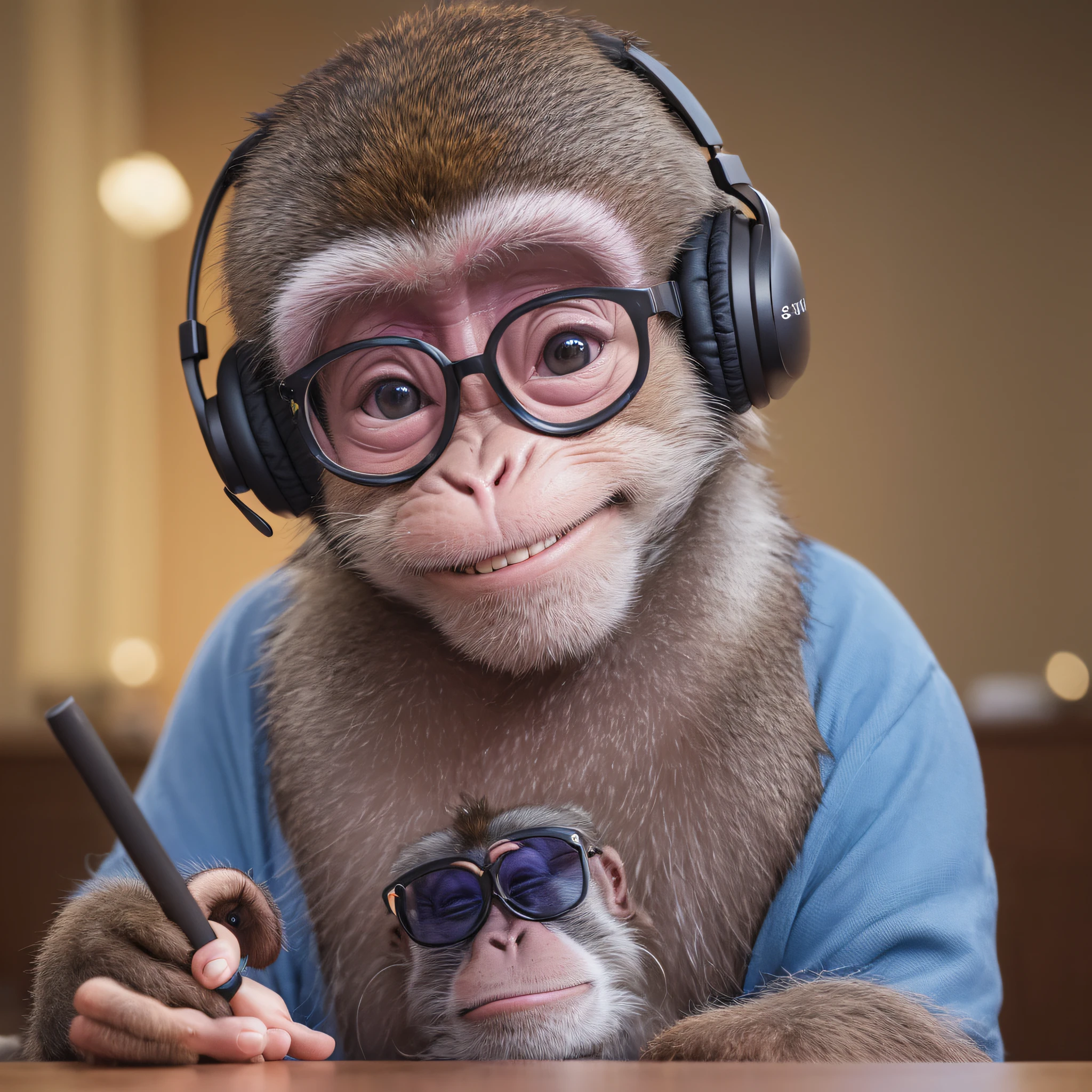 a monkey presenting a podcast, headset, glasses, chubby, smiling, cheerful, ultra realism, 8k, with young clothes, HDR, big eyes, ((hyperdetailed)), podcast table, cinematic shooting, vignette, bokeh beckground effect, neon blue and purple colors, high quality art, very high quality art, crazy monkey, monkey, podcast table --auto --s2