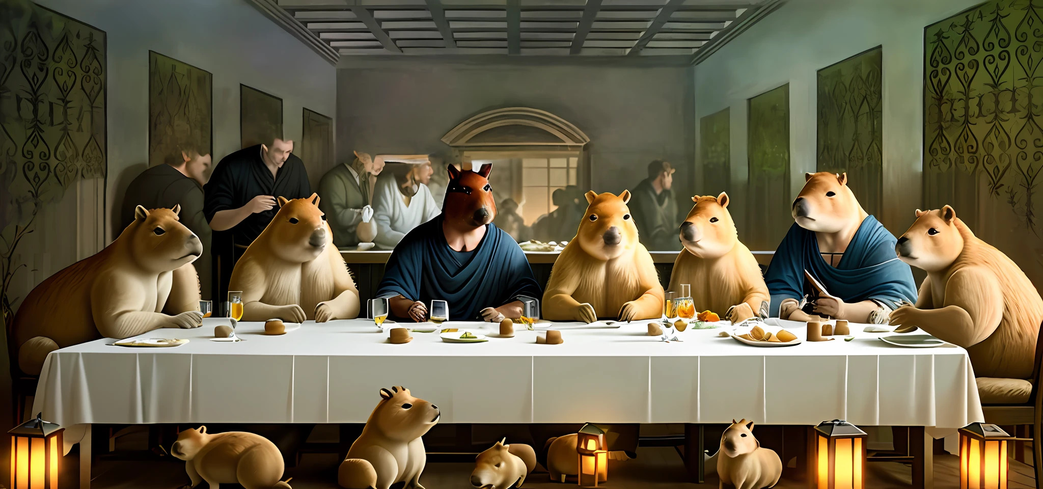 Capybaras, the last supper,8k, high definition, hyper-realistic, + cinematic plan + dynamic composition, incredibly detailed, sharpness, detail details + night with light + perfectionism + award-winning realism ((ambient lighting))