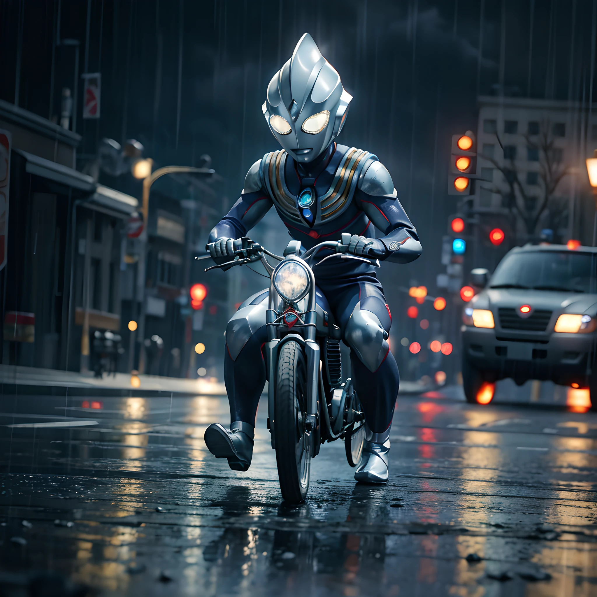 1BOY riding bikes suburban street storm and rain, (masterpiece:1.2) (photorealistic:1.2) (bokeh) (best quality) (detailed skin:1.3) (intricate details) (8k) (HDR) (cinematic lighting) (sharp focus) ALIEN.TOKUSATSU.GLOWING EYES
