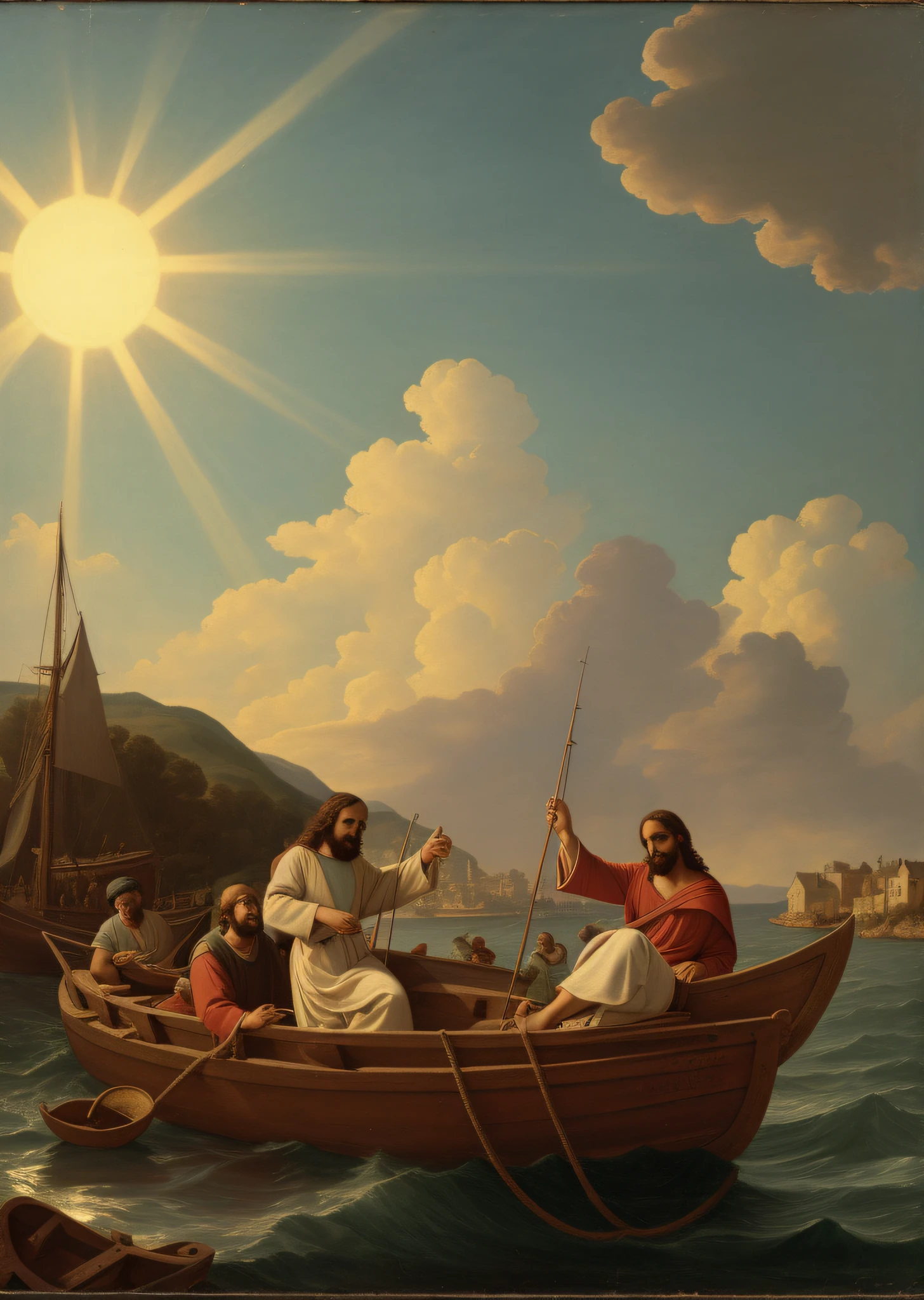 Jesus Christ with a soft expression along with Peter the apostle smiling in a medium-sized boat collecting the fishing net full of fish, landscape with sun and clouds and a small village in the background