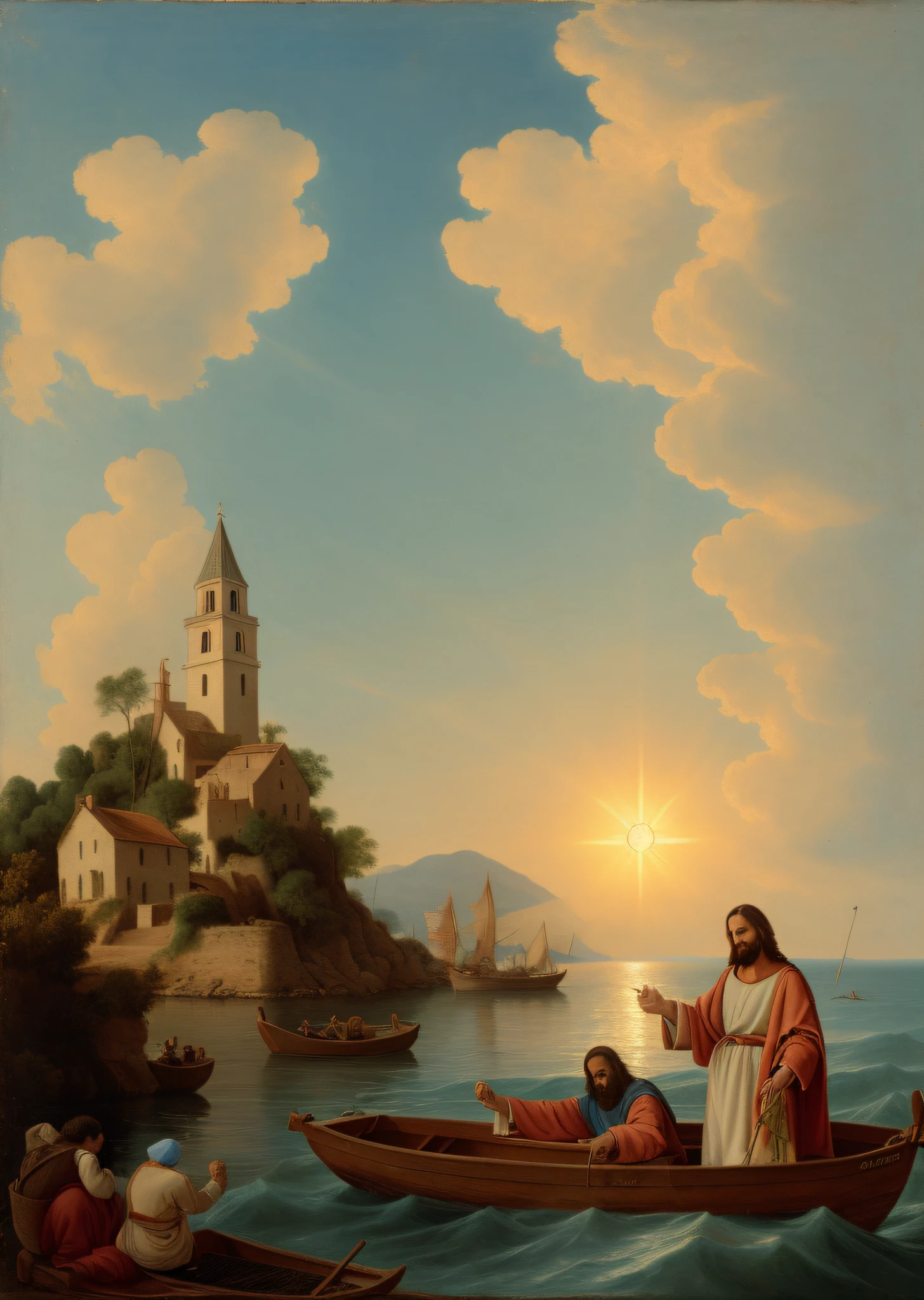 Jesus Christ with a soft expression along with Peter the apostle smiling in a medium-sized boat collecting the fishing net full of fish, landscape with sun and clouds and a small village in the background