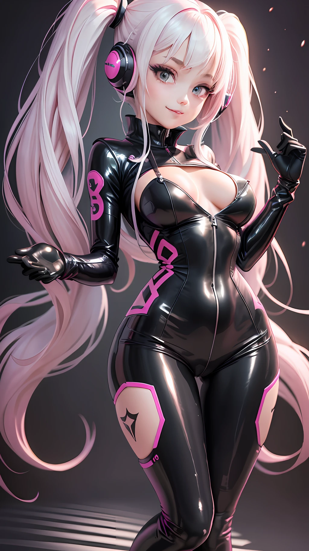 {{{masterpiece, best quality, illustration,game_cg}}} alice \(nikke\),1girl, latex bodysuit,pink bodysuit, carved bodysuit, {{{breasts out}}}, pink, headphones, twintails, shiny clothes, full body, bangs, long pink twintails, blush, gloves, impossible clothes, latex, latex bodysuit, short jacket, skin tight, shrug \(clothing\), medium breasts, slim waist, perfect body, slim legs, long sleeves, looking at viewer, pink eyes, simple background, skin tight, smile, solo, posing, very long hair, white gloves, white hair, :D,,,