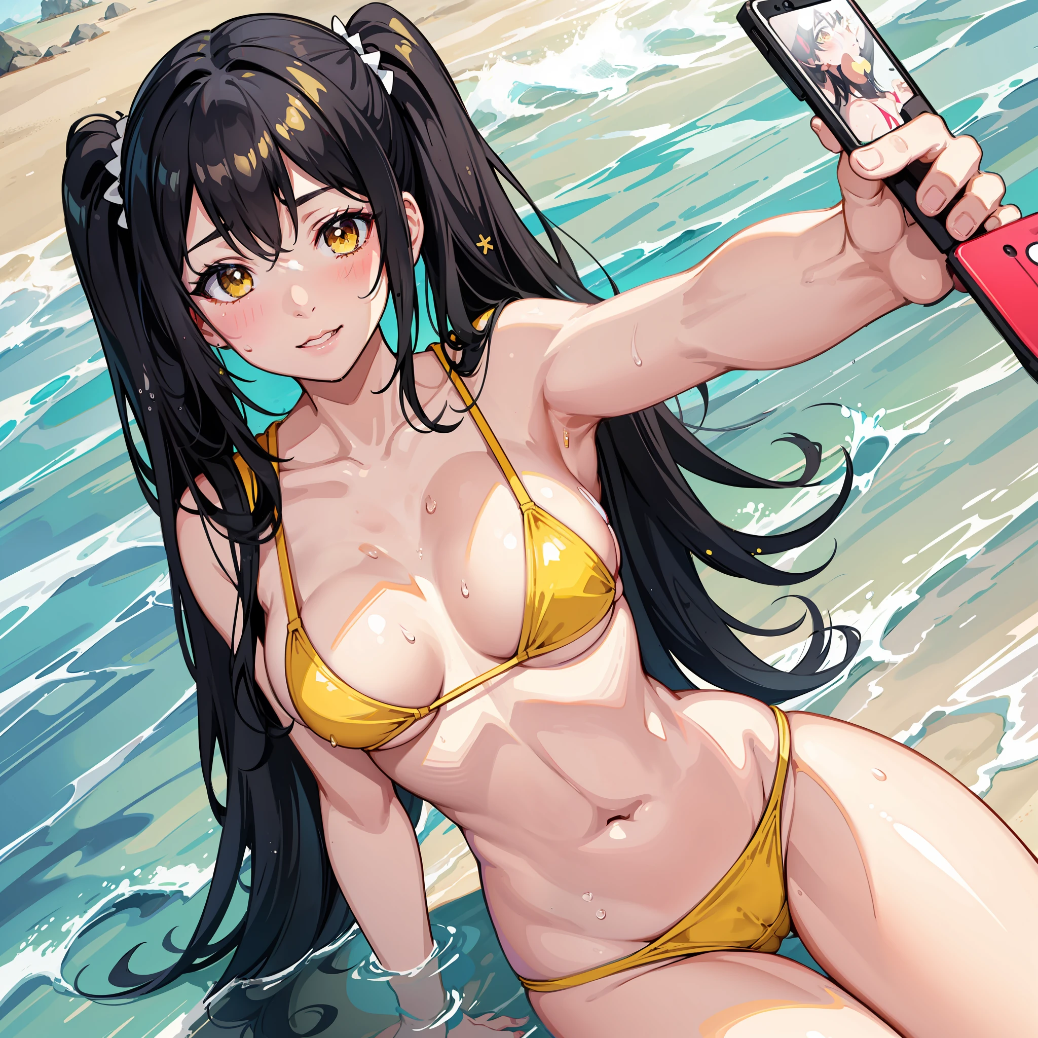 selfie, 1girl, twintail black hair, yellow eyes, split lips, blush, make up, light smile, bikini, beach, sweat, wet, rays of light, shine, thighs, collarbone, narrow waist, (masterpiece), wallpaper,