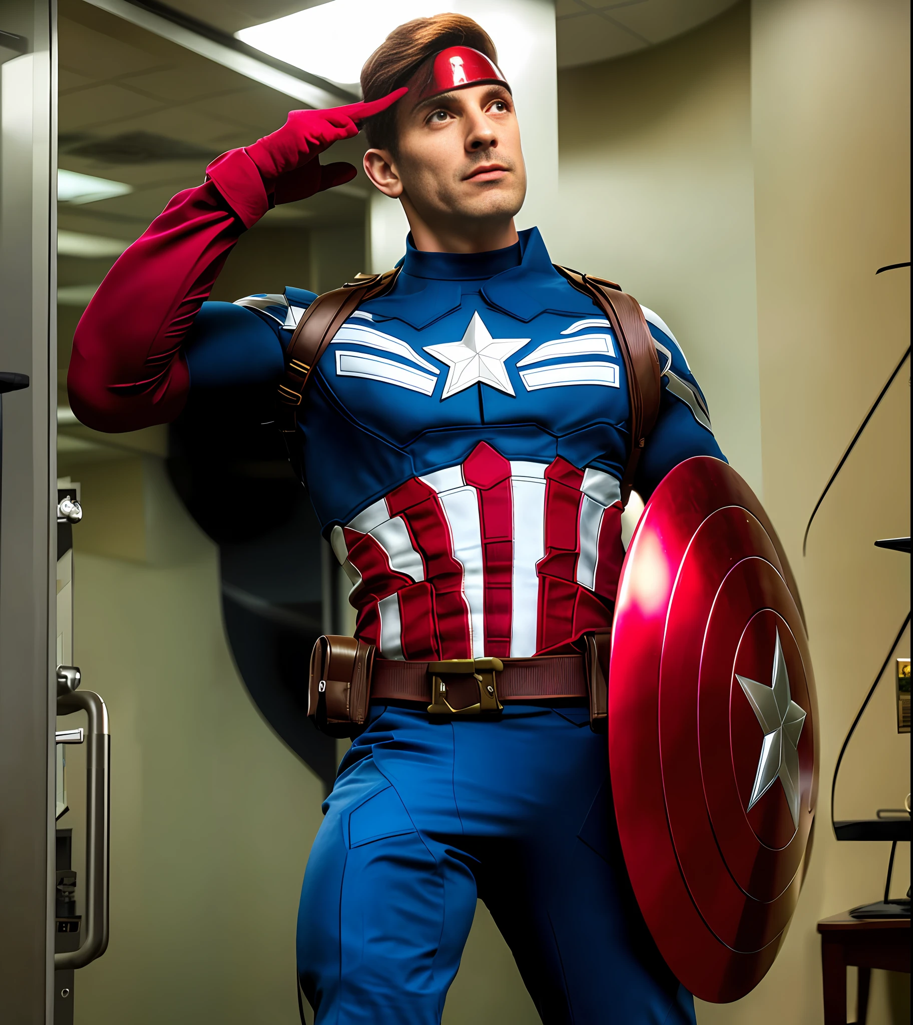 captain america costumed in a suit and holding a shield, captain america, full costume, portrait of captain america, saul goodman as captain america, mr bean as captain america, avatar aang as captain america, walter white as captain america, full body with costume, in costume, wearing hero costume, captain, puerto rican super hero, masterpiece costume, high quality costume