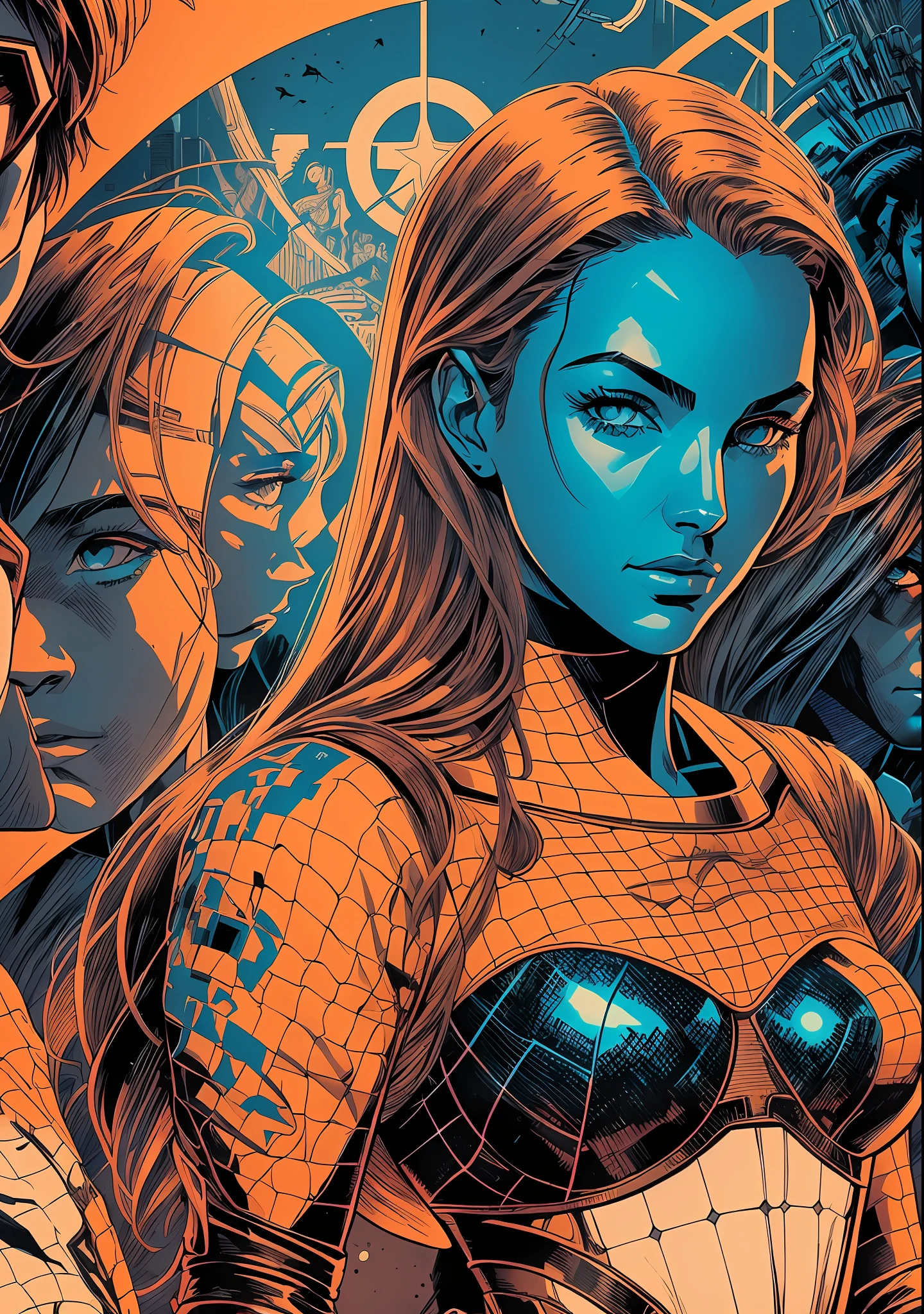 **a movie poster with a girl and her buddies in the background, in the style of detailed science fiction illustrations, dark orange and light azure, noir comic art, close-up, iconic, marvel comics, gadgetpunk --auto --s2