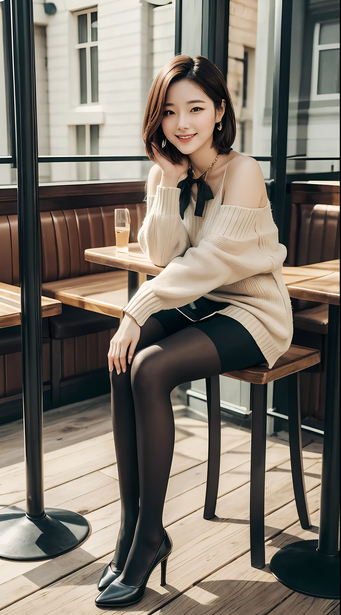 8k uhd, dslr,film grain, Fujifilm XT3,(best quality:1.3), (masterpiece:1.1), high resolution, cinematic light, intricate details, (photorealistic),outside,beautiful outside,sunny,
korean girl,(in cafe:1.5) , dimples, bobcut, looking at viewer, detailed trees, ribbons, bowties, bare shoulders, ribbed sweater,
pencil skirt, high-waist skirt, head rest, sitting, indoors,
necklace,black pantyhose, sheet transportation sweater, (smile),(full body:1.6),slender,