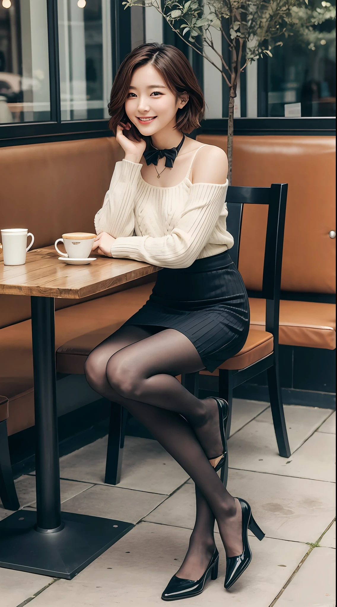 8k uhd, dslr,film grain, Fujifilm XT3,(best quality:1.3), (masterpiece:1.1), high resolution, cinematic light, intricate details, (photorealistic),outside,beautiful outside,sunny,
korean girl,(in cafe:1.5) , dimples, bobcut, looking at viewer, detailed trees, ribbons, bowties, bare shoulders, ribbed sweater,
pencil skirt, high-waist skirt, head rest, sitting, indoors,
necklace,black pantyhose, sheet transportation sweater, (smile),(full body:1.6),slender,