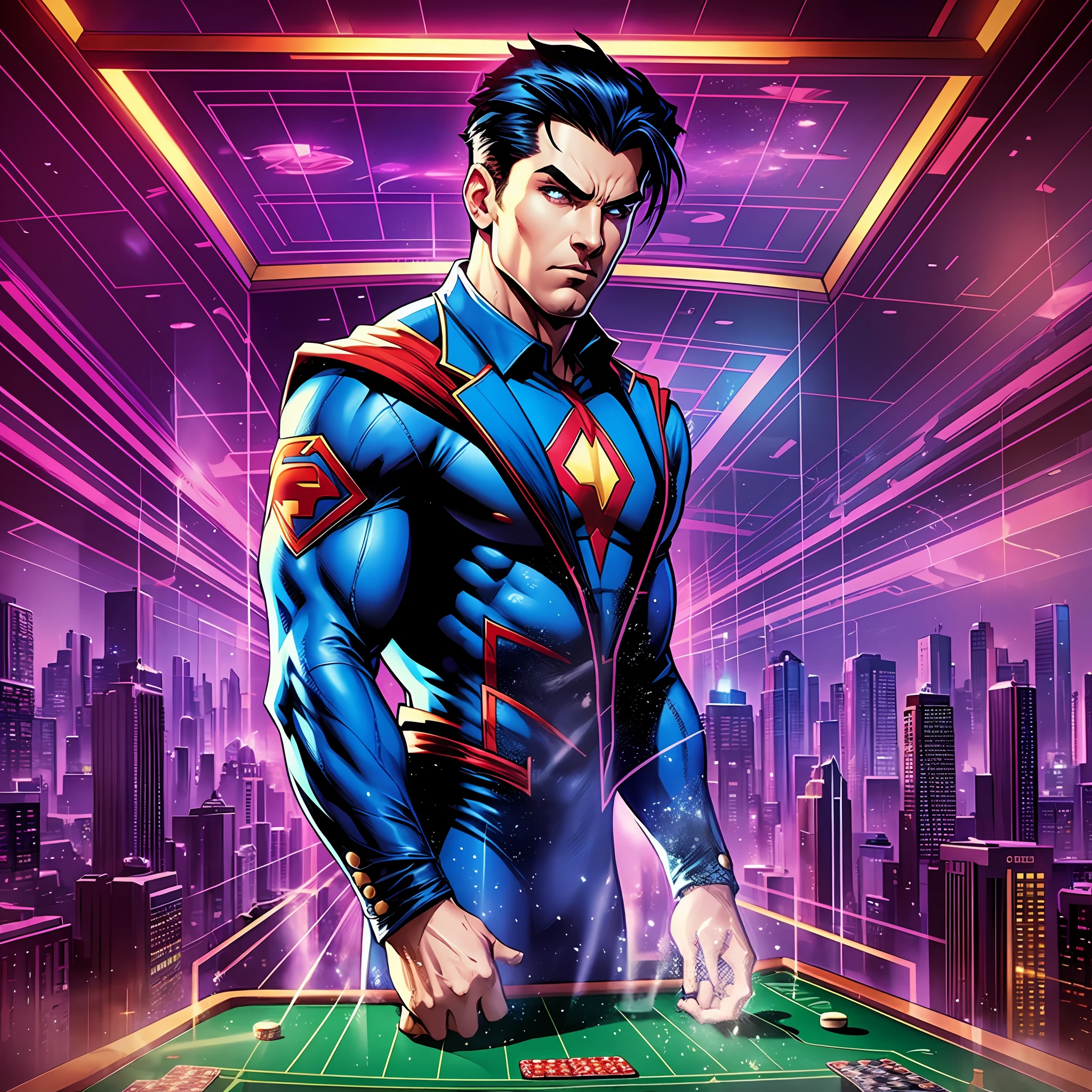 A CGI graphic of a superhero-themed proxy server. It stands tall, facing the viewer with an intense gaze. The server is dressed in a formal suit, but beneath it, a superhero costume is bursting out, tearing through the shirt to reveal the heroic attire. Buttons fly in all directions as the blue superhero costume, adorned with the "Proxy" icon, is unveiled. The background features a casino with poker tables, creating a vibrant setting. The image is rendered in the style of GhostMix, showcasing well-defined details, shadows, and CGI graphics. --auto --s2