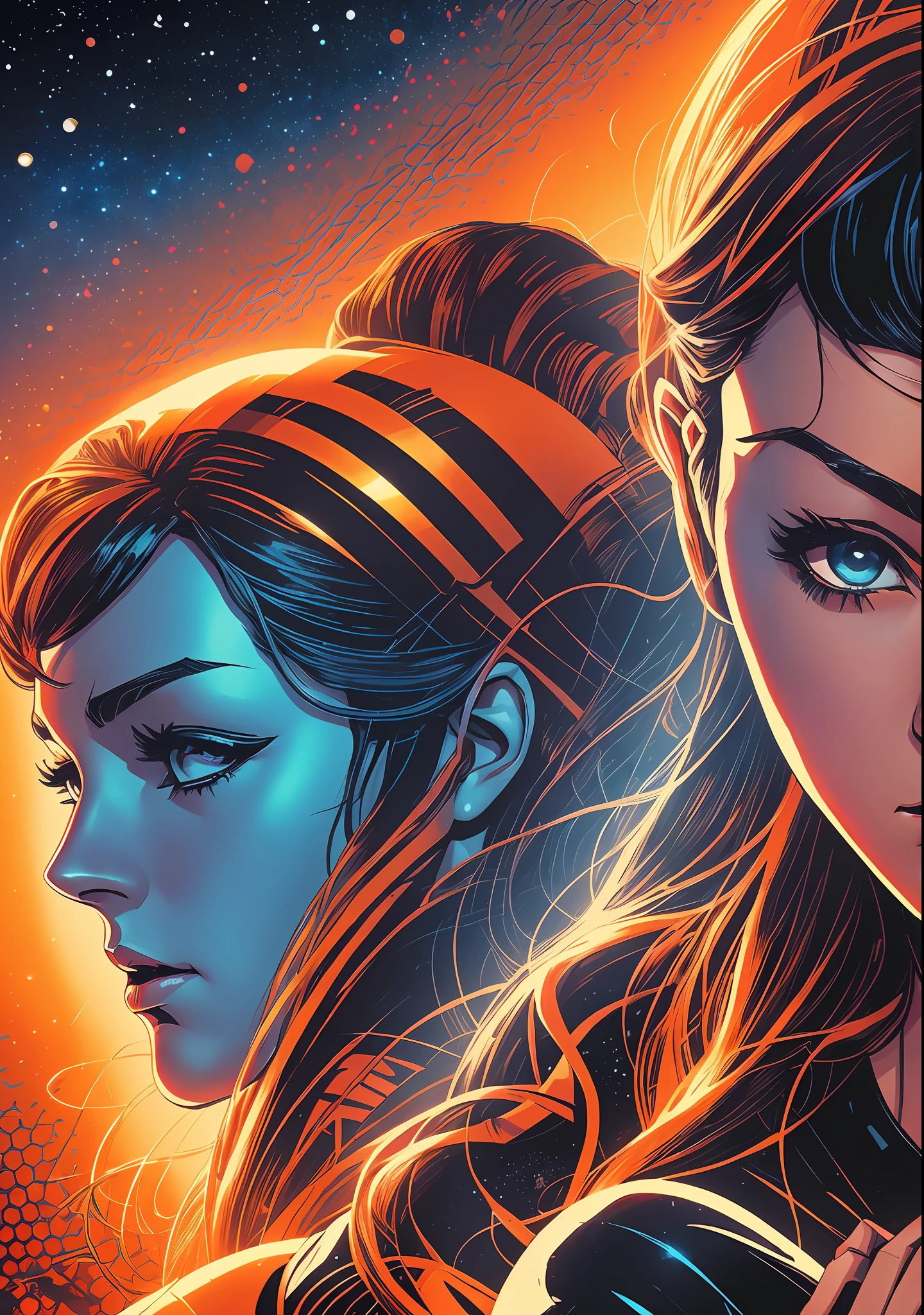 **a movie poster with a girl and her buddies in the background, in the style of detailed science fiction illustrations, dark orange and light azure, noir comic art, close-up, iconic, marvel comics, gadgetpunk --auto --s2