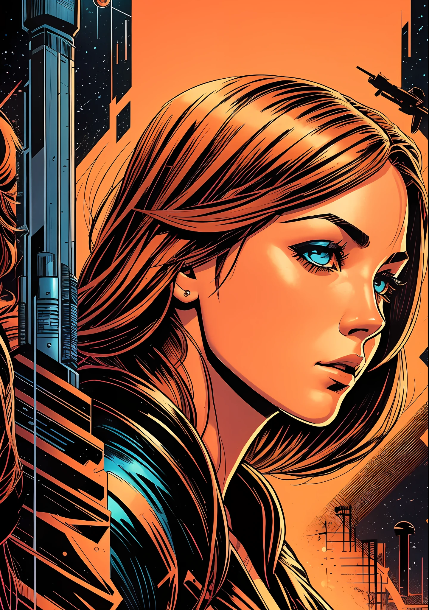 **a movie poster with a girl and her buddies in the background, in the style of detailed science fiction illustrations, dark orange and light azure, noir comic art, close-up, iconic, marvel comics, gadgetpunk --auto --s2