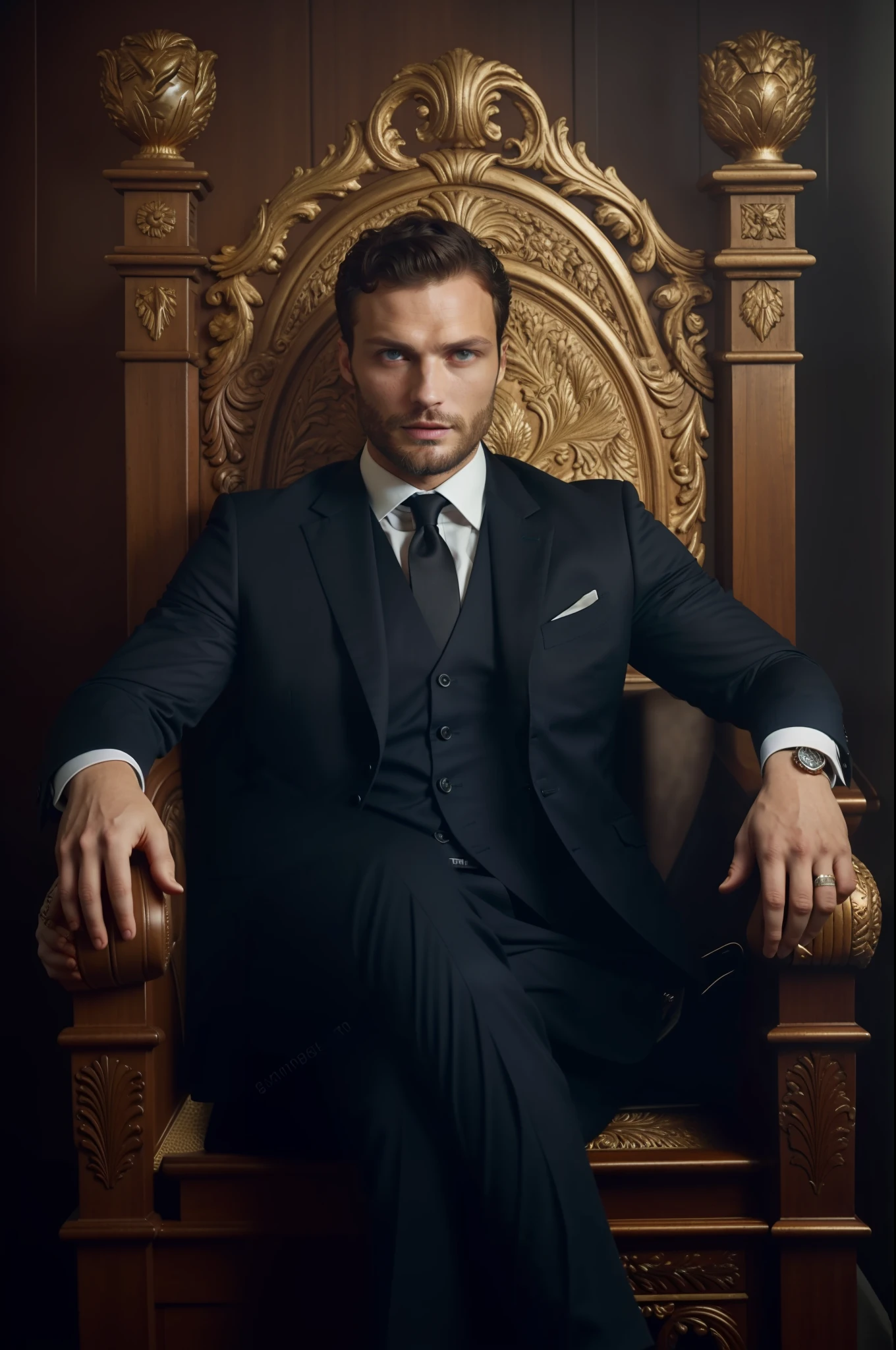 Create a Ceo wearing suit, symmetrical and beautiful eyes, stare fixed in the center of the image, details of the face, Jamie Dornan, very beautiful and attractive, dark and detached beard, strong and muscular, dark short hair, tanned skin, 8k resolution, best quality, similar to actor Jamie Dornan, pe, close up.