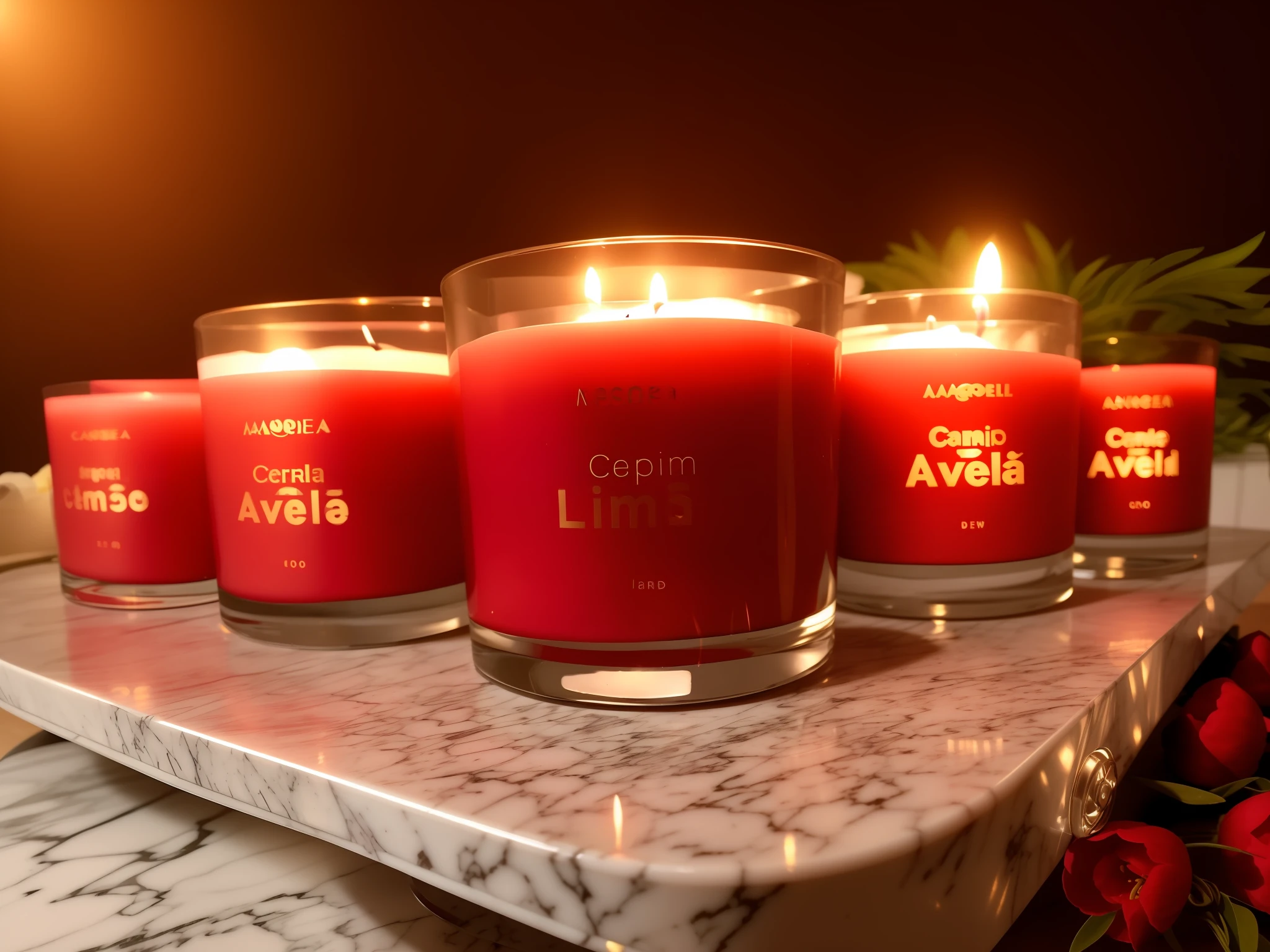 Scented candle on circular marble platform surrounded by flowers with cherry and hazelnut, red color, professional