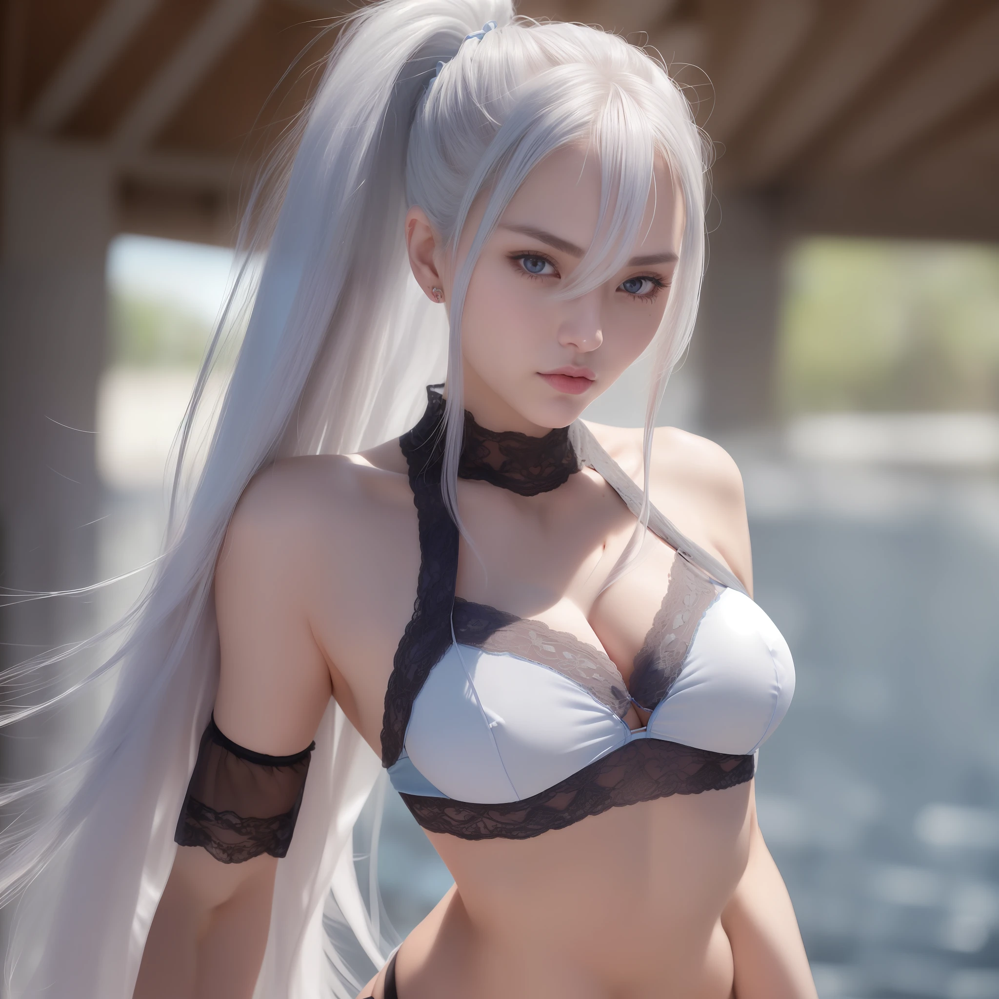 (Realistic, 8K, masterpiece, female, long ponytail and waist, light blue on one side and dark gray heterochromic pupils on the other, slender thick eyebrows, thin summer breasts for women without marks, tuned abs exposed from bikini, white panties with white lace, smooth thighs, catwalk)