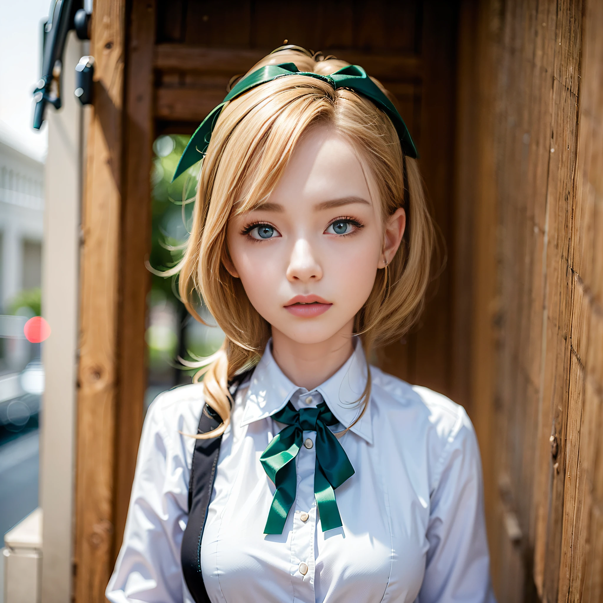 best quality, masterpiece, (photorealistic:1.4), 1girl, (school uniform:1.4),green eyes, dress, looking_at_viewer, neck_ribbon, cute, clear facial skin,blonde hair,