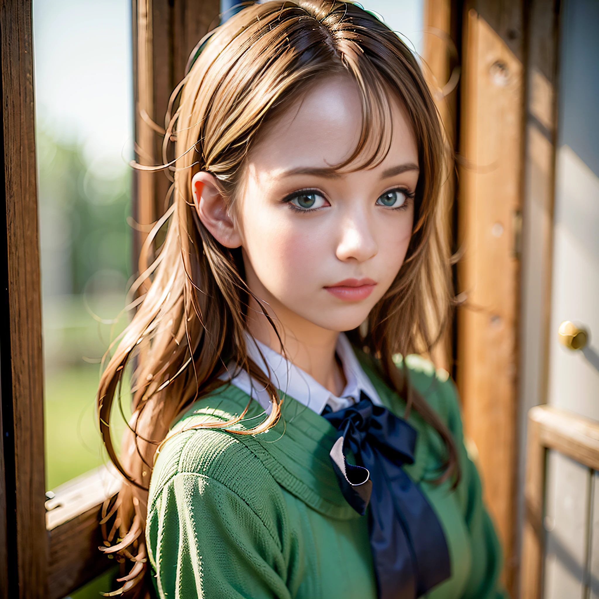 best quality, masterpiece, (photorealistic:1.4), 1girl, (school uniform:1.4),green eyes, dress, looking_at_viewer, neck_ribbon, cute, clear facial skin,blonde hair,