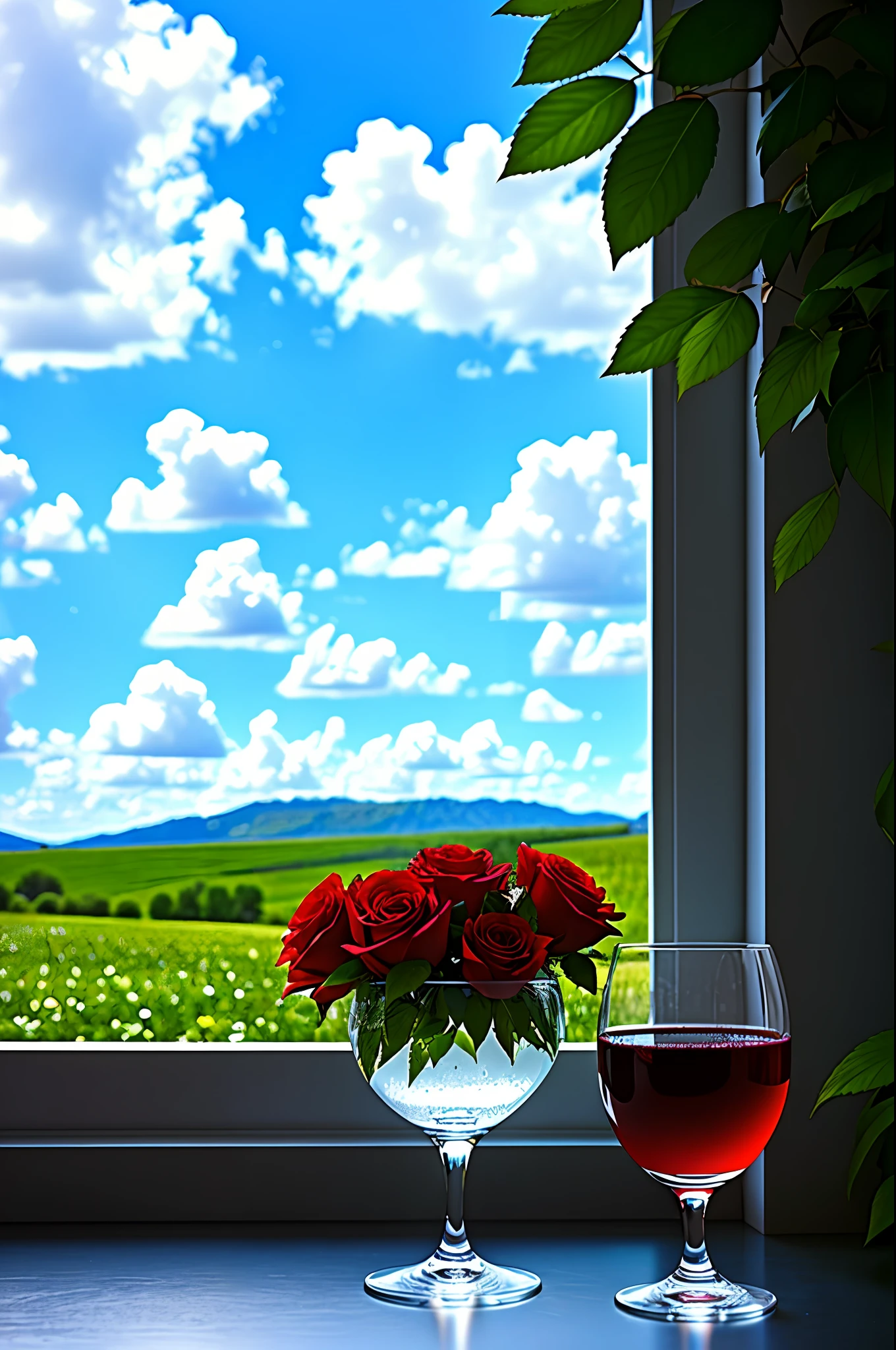 A glass of crystal, red wine, green roses, colorful, blue sky and white clouds, by the window, sunlight coming in, many details, high quality, 8k