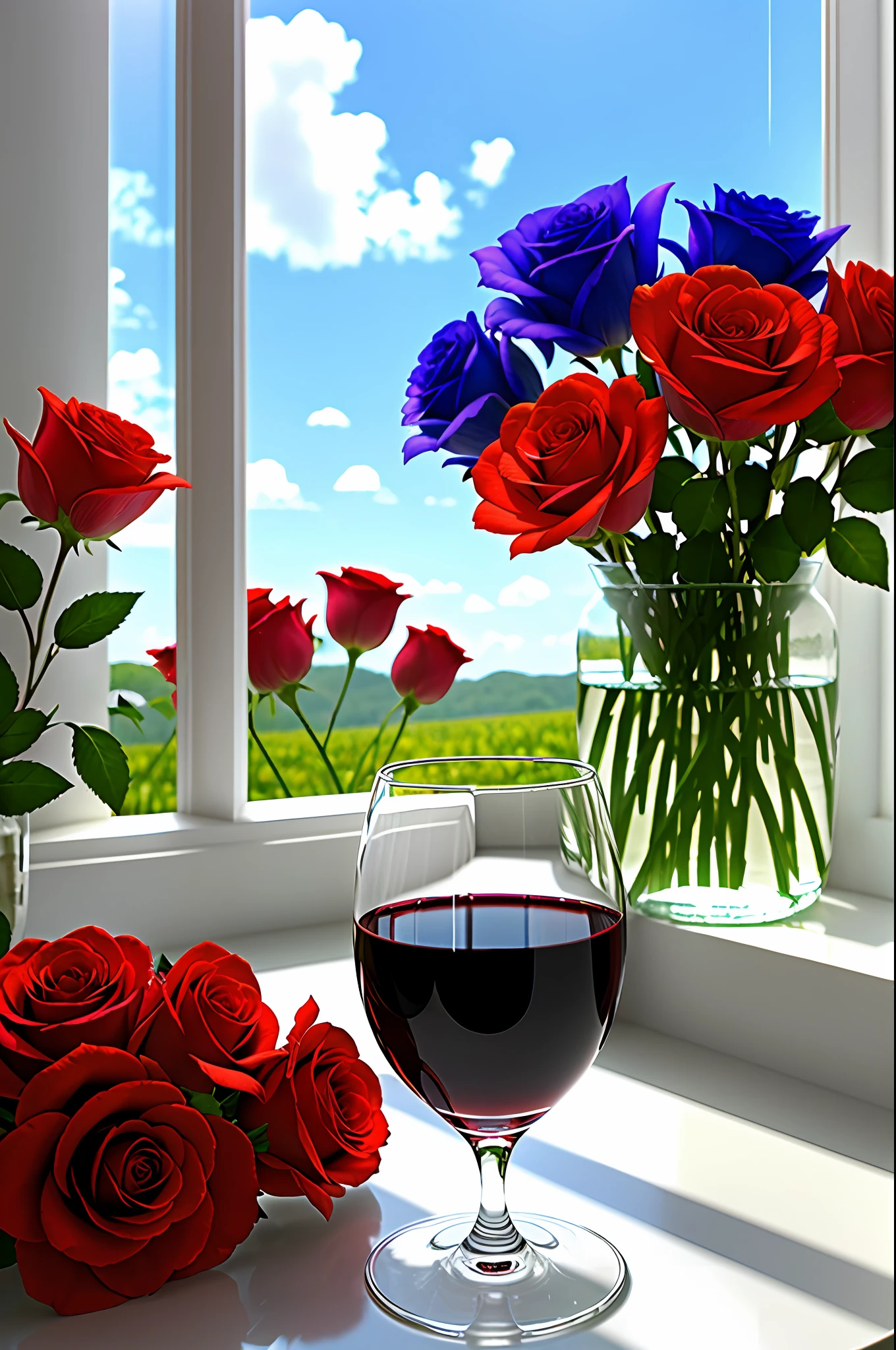 A glass of crystal, red wine, green roses, colorful, blue sky and white clouds, by the window, sunlight coming in, many details, high quality, 8k