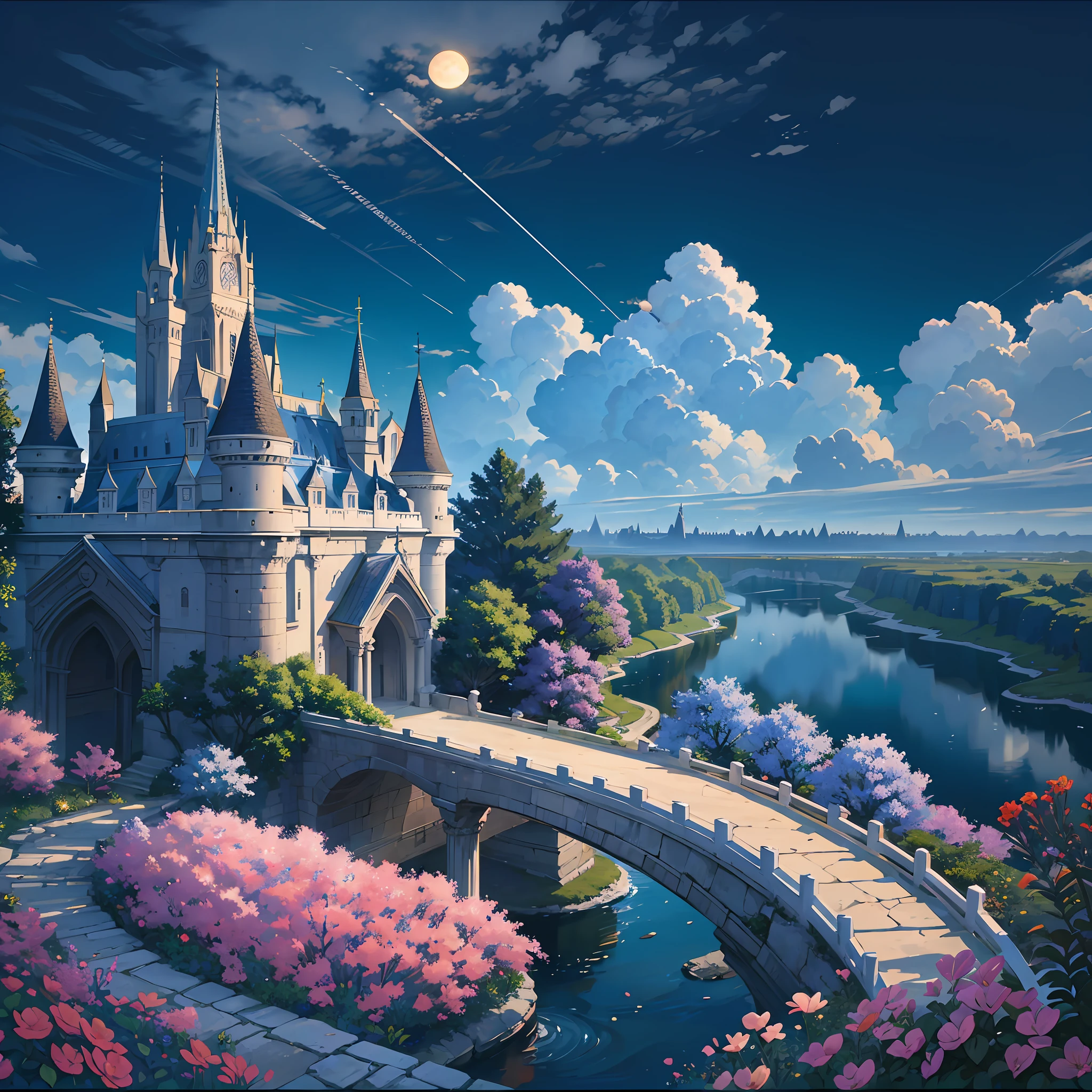 The illustration of the Kingdom of Elysia reveals a majestic and enchanting landscape. The towers of the castle stand imposing in the center of the scenery, surrounded by high and detailed walls. The castle, built with gleaming white stones, reflects the sunlight, giving it a heavenly appearance. Around the castle, extensive gardens display a dazzling array of colorful flowers and meticulously trimmed shrubs. A graceful bridge spans a clear river that winds through the kingdom, adding a touch of serenity to the landscape. Tall, leafy trees stretch out into every corner, providing welcoming shade and sheltering singing birds. The majestic mountains, shrouded in gentle fog, surround the kingdom, creating a natural barrier that offers a sense of safety and security. The clear, unobstructed blue sky is home to fluffy clouds that seem to dance in the wind. In this illustration, the Kingdom of Elysia conveys an atmosphere of beauty, tranquility and grandeur, inviting the viewer to immerse themselves in its magic and mystery. --auto --s2