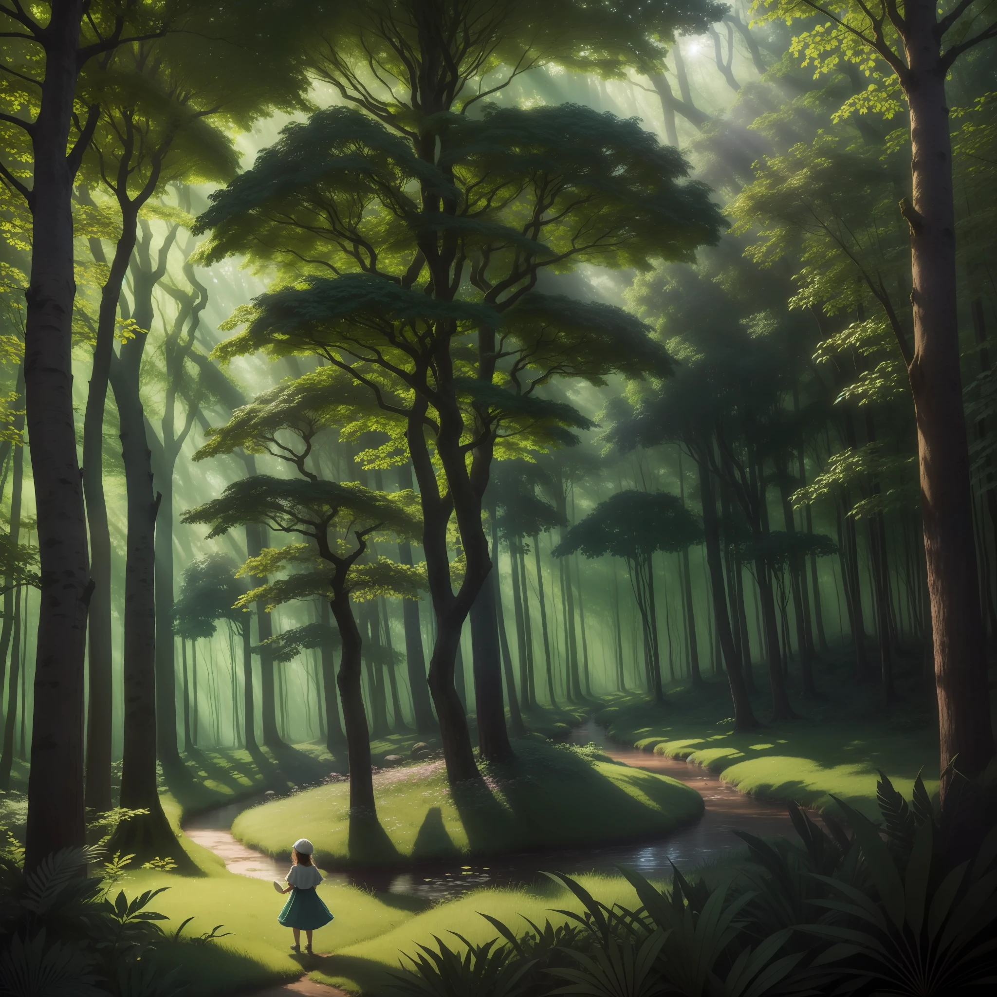 In this image, an enchanted forest reveals a magical scene full of mystery. The tall, leafy trees form a lush green canopy that delicately filters sunlight, creating a serene and welcoming environment. In the center of the forest, a brave *********** is standing atop a giant