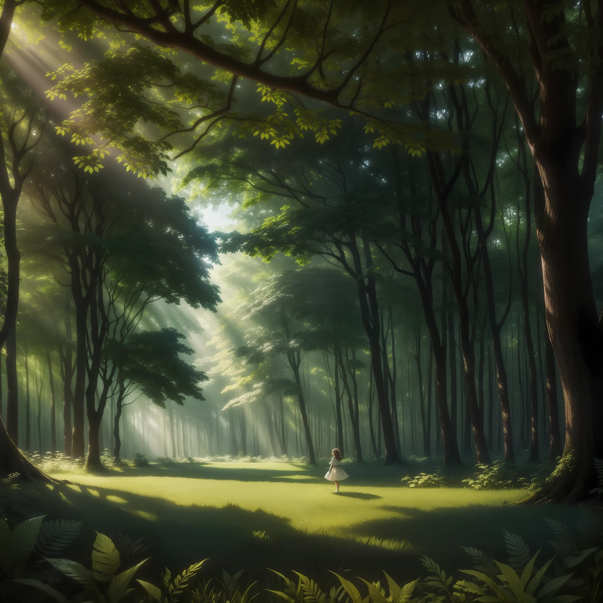 In this image, an enchanted forest reveals a magical scene full of mystery. The tall, leafy trees form a lush green canopy that delicately filters sunlight, creating a serene and welcoming environment. In the center of the forest, a brave girl is standing atop a giant
