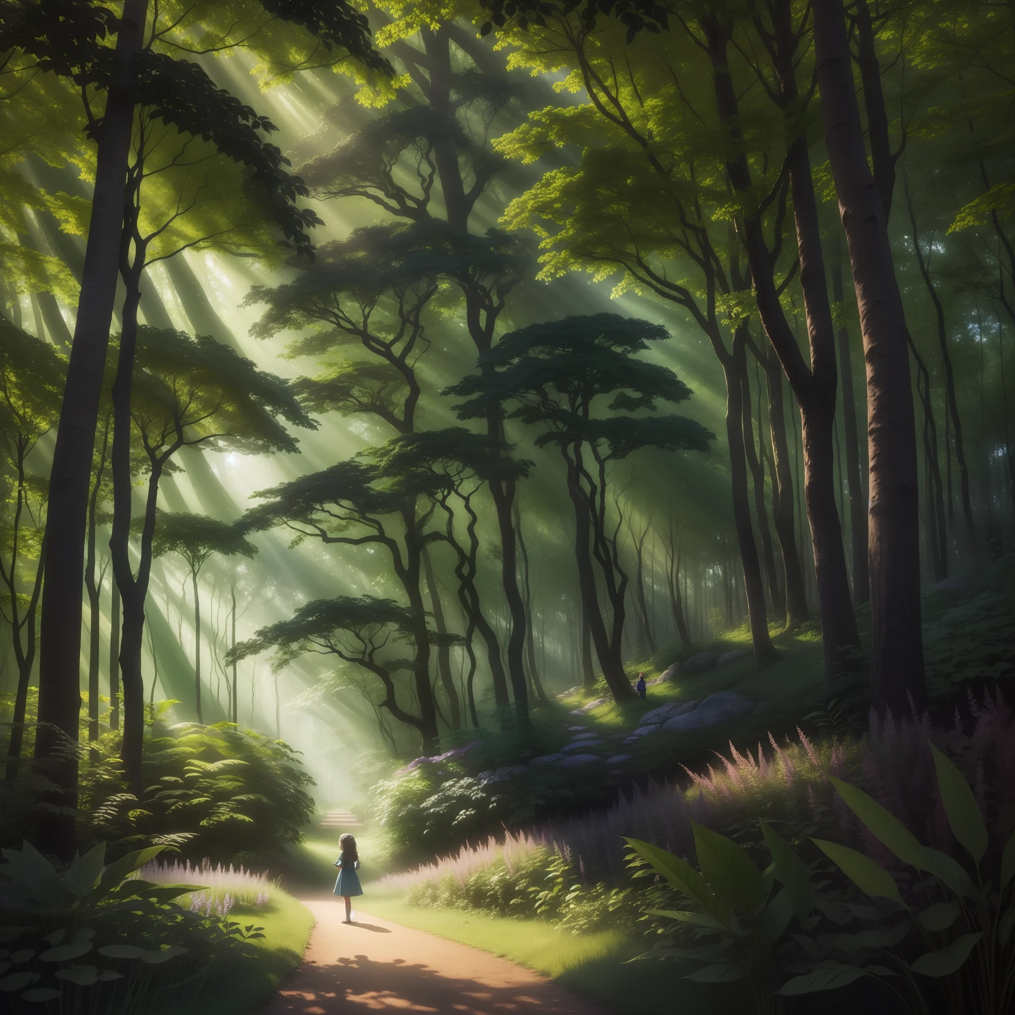 In this image, an enchanted forest reveals a magical scene full of mystery. The tall, leafy trees form a lush green canopy that delicately filters sunlight, creating a serene and welcoming environment. In the center of the forest, a brave  girl is standing atop a giant