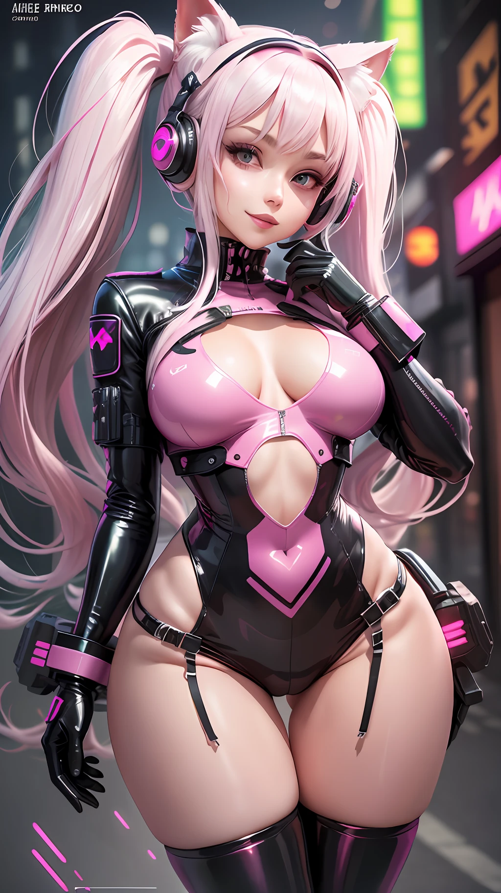 {{{masterpiece, best quality, illustration,game_cg}}} alice \(nikke\), cyberpunk catgirl, latex bodysuit,pink bodysuit, carved bodysuit, {{{breasts out}}}, pink, headphones, twintails, shiny clothes, full body, bangs, long pink twintails, blush, gloves, impossible clothes, latex, latex bodysuit, short jacket, skin tight, shrug \(clothing\), medium breasts, slim waist, perfect body, slim legs, long sleeves, looking at viewer, pink eyes, streets background, skin tight, smile, solo, posing, very long hair, white gloves, white hair, :D,,,