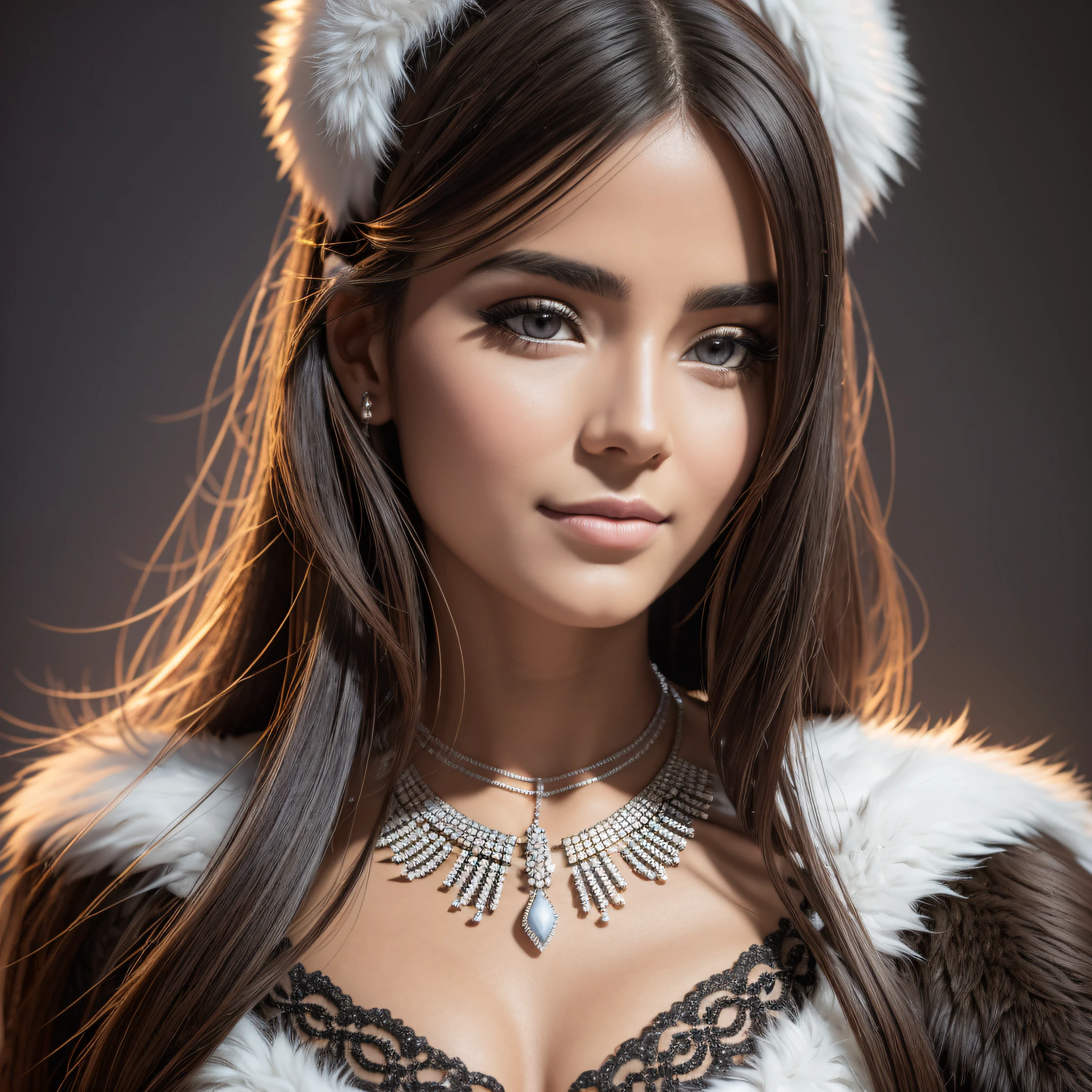 Best quality, masterpiece, high resolution, 1 ox, black and white fur, neck accessories, necklace, jewelry, cute face, physical, Tyndall effect, realistic, dark studio, rim lighting, duotone lighting, (high detail skin: 1.2), 8k uhd, DSLR, soft light, high quality, volumetric light, stealth shot, photo, high resolution, 4k, 8k, bokeh --auto --s2