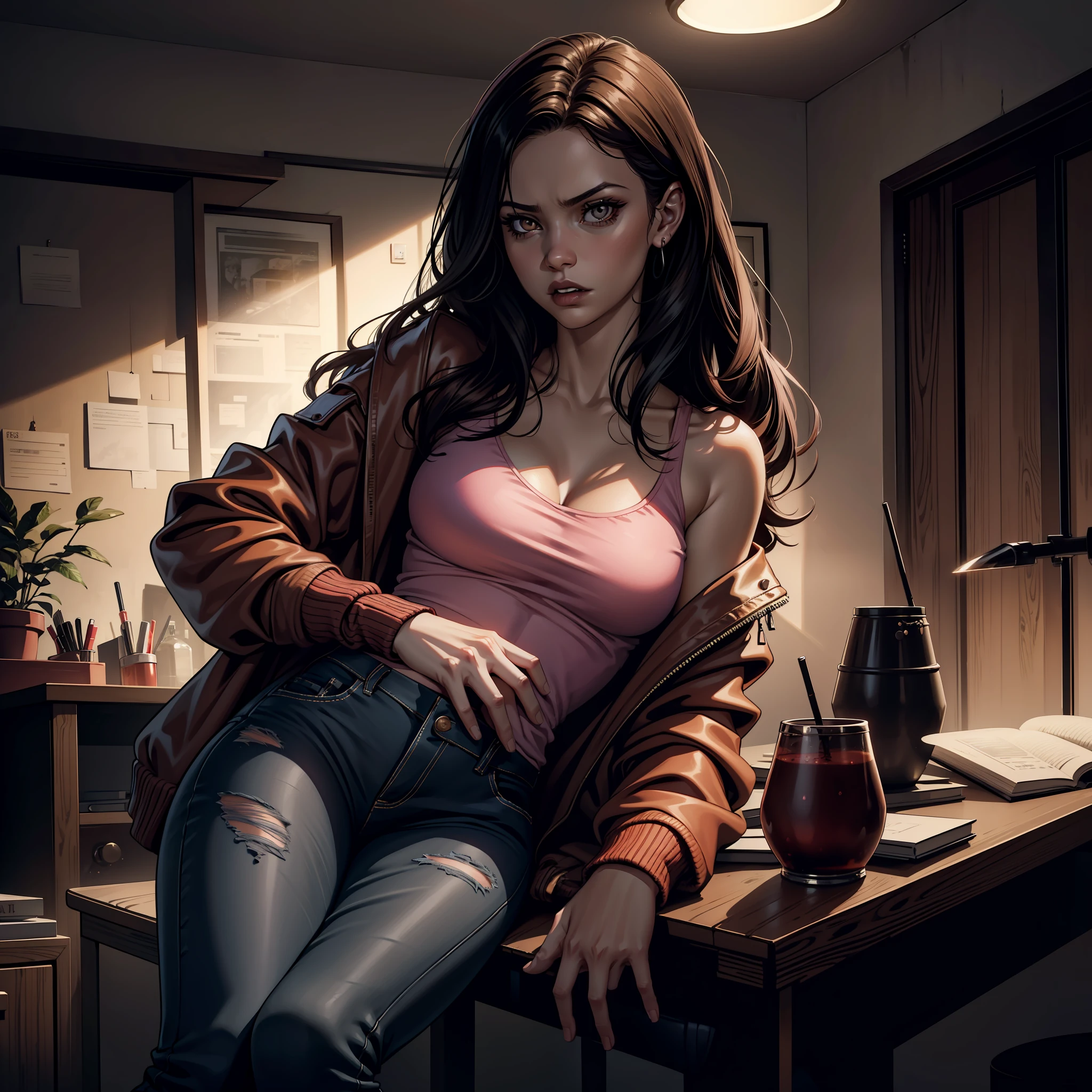 (extremely detailed 8k wallpaper), Vampire the Masquerade, modern horror, 2020s, 20-year-old young woman, wearing pink look shirt and ripped jeans, sharp focus, (subsurface scattering:1.1), award-winning photography, centered face, Jenna Ortega face, half-body photo:1.1, long black hair, brown eyes, thin, serious expression, college room interior,  dramatic lighting