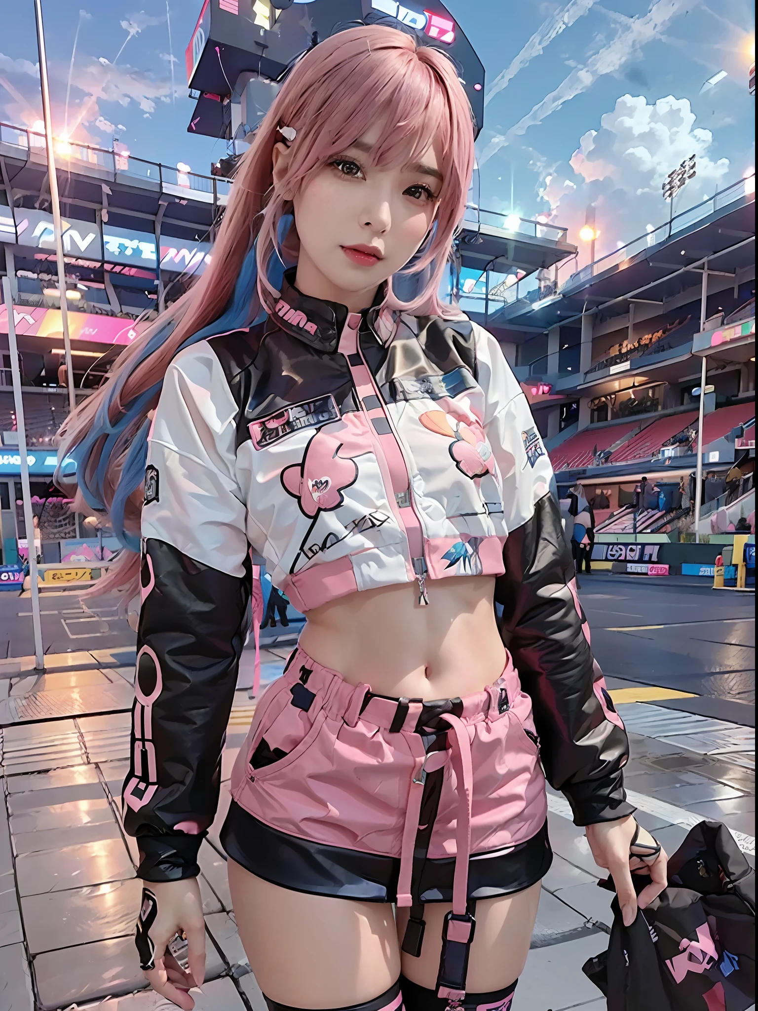 Top Quality, Ultra High Resolution, (Photorealistic: 1.4), (Pink Long Hair: 1.3), (Azure Lane\), One Girl, (Kpop Idol), Watch Audience, Detailed Face, Contrappost, Smooth Skin, Perfect Anatomy Professional Lighting, Futuristic Fashion, Streetwear, High-Tech Fabric, Racing Suit, Fireproof Material, Elbow and knee pads, racing gloves, personalized embroidery, sports car background, pit, miniskirt, belly button, pink hair, Suzuka circuit, circuit home straight, race track, international circuit, SUPERGT