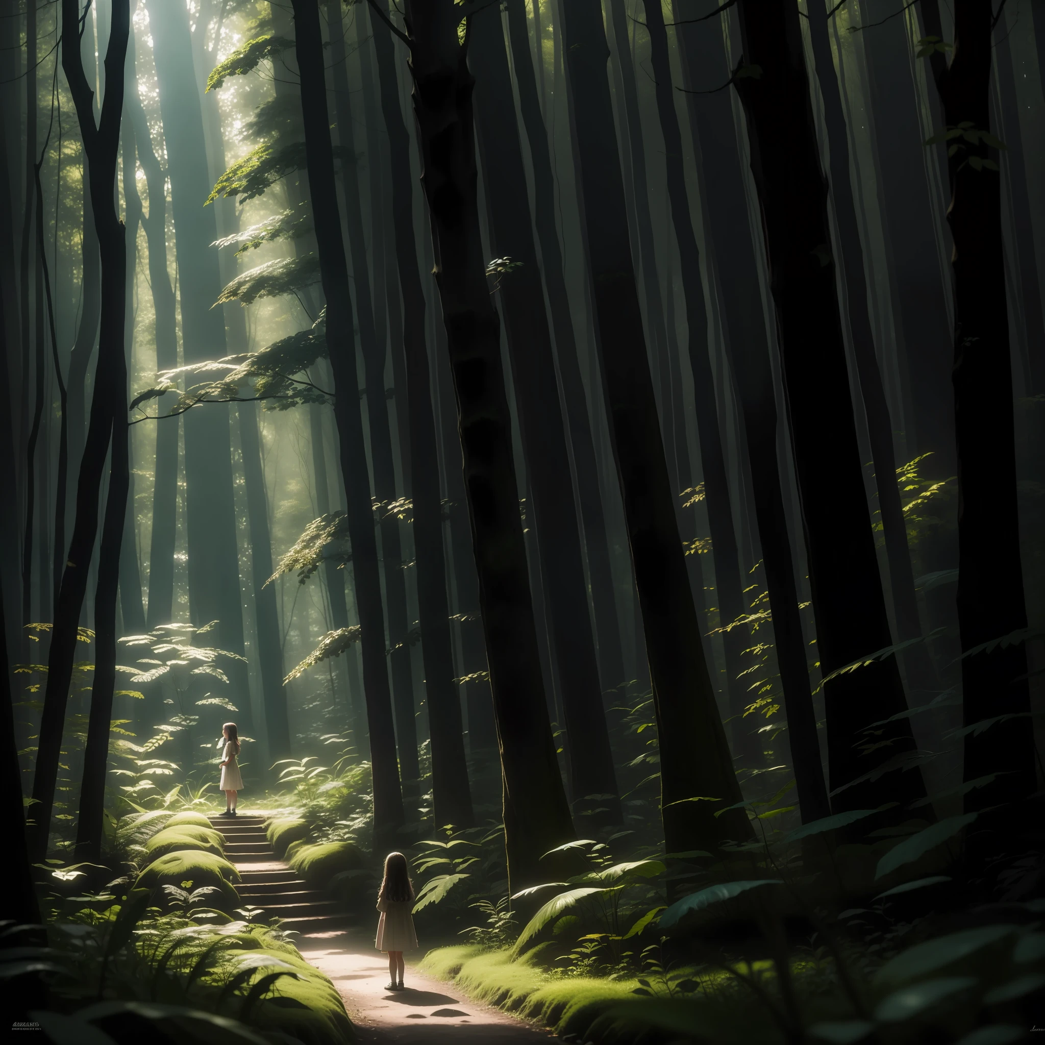 In this image, an enchanted forest reveals a magical scene full of mystery. The tall, leafy trees form a lush green canopy that delicately filters sunlight, creating a serene and welcoming environment. In the center of the forest, a brave little girl is standing atop a giant