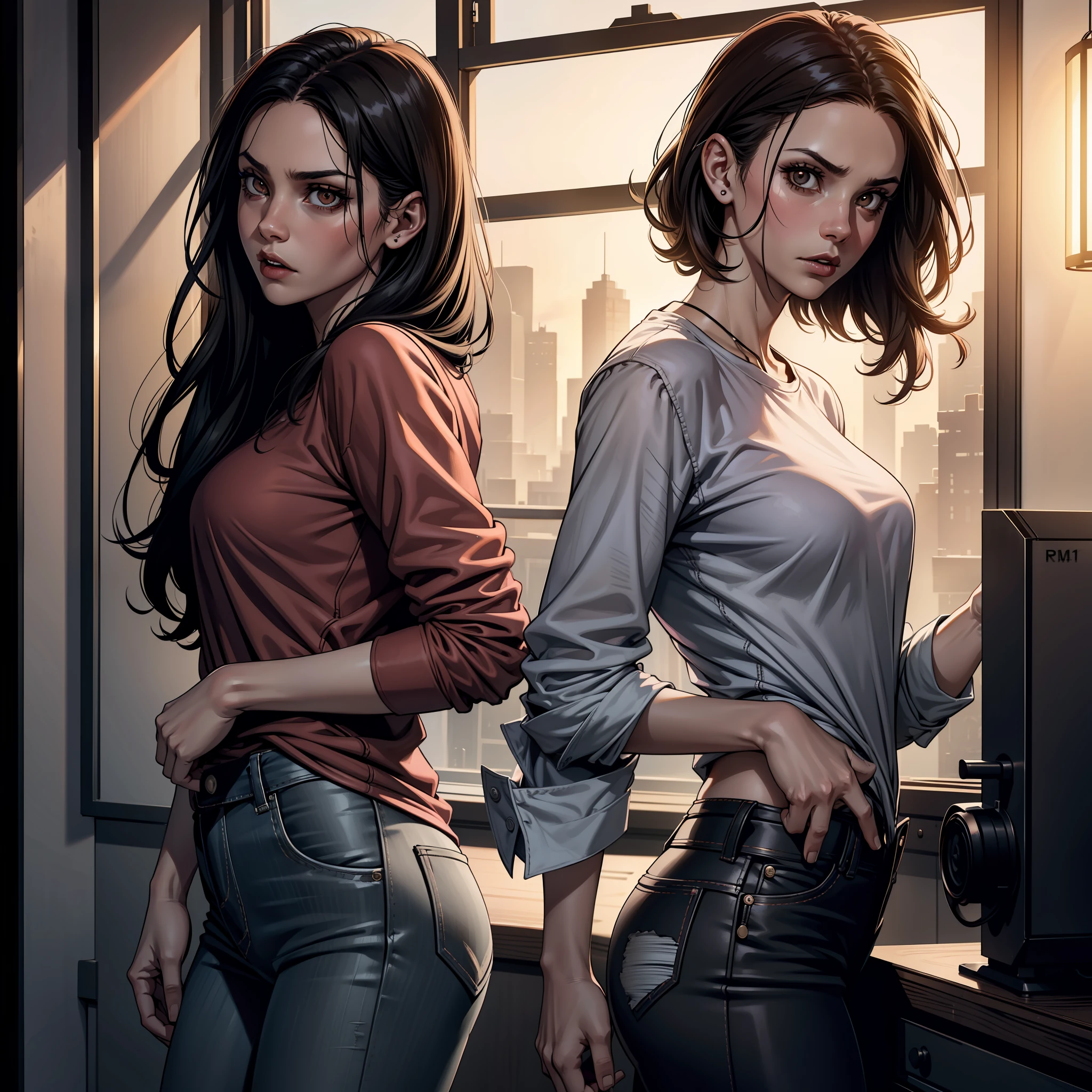 (extremely detailed 8k wallpaper), Vampire the Masquerade, modern horror, 2020s, 20-year-old young woman, wearing pink babylook shirt and ripped jeans, sharp focus, (subsurface scattering:1.1), award-winning photography, centered face, Jenna Ortega face, half-body photo:1.1, long black hair, brown eyes, thin, serious expression, college room interior, dramatic lighting