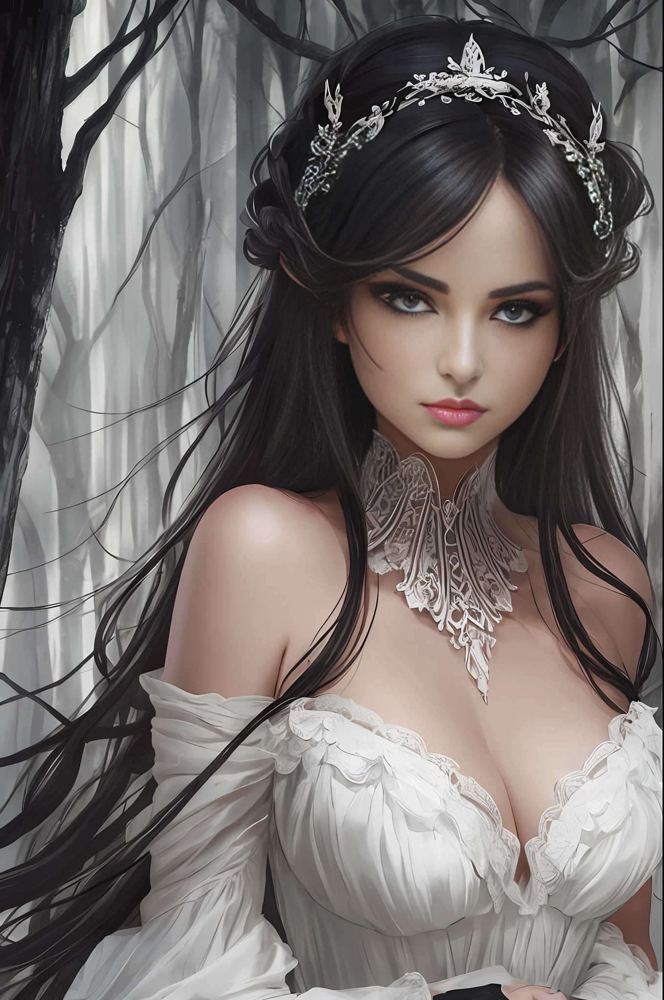 The scene comes to life in a mysterious and dark setting, where soft lighting highlights the contours of the characters. The backdrop unfolds with a nocturnal landscape, featuring twisted trees and sinister shadows that create a sense of unease.  The woman, immersed in her elegance, stands tall, exuding an aura of grace and confidence. Her flowing white dress radiates a purity that contrasts with the surrounding darkness. The texture of the fabric is visible, with delicate folds and lace details that add a touch of sophistication and femininity.  The vampire, with sharp fangs and a penetrating gaze, leans over the woman's neck, revealing a moment of seduction and imminent danger. Her dark hair cascades, framing her pale face, while her eyes glow with supernatural intensity. --auto --s2