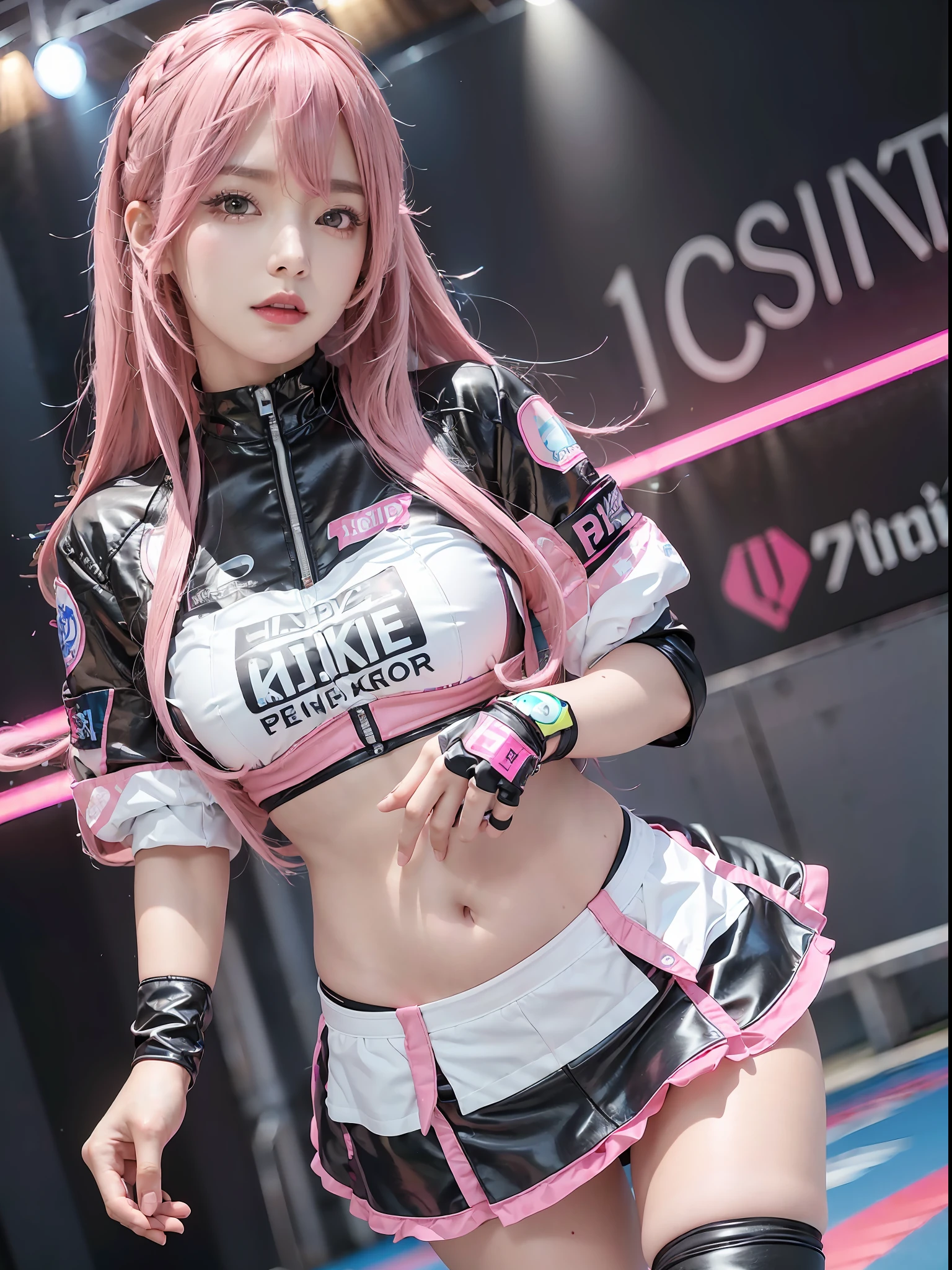 Top Quality, Ultra High Resolution, (Photorealistic: 1.4), (Pink Long Hair: 1.3), (Azure Lane\), One Girl, (Kpop Idol), Watch Audience, Detailed Face, Contrappost, Smooth Skin, Perfect Anatomy Professional Lighting, Futuristic Fashion, Streetwear, High-Tech Fabric, Racing Suit, Fireproof Material, Elbow and knee pads, racing gloves, personalized embroidery, mini skirt, belly button, pink hair, Suzuka circuit, circuit home straight, race track, international circuit, SUPERGT, race queen