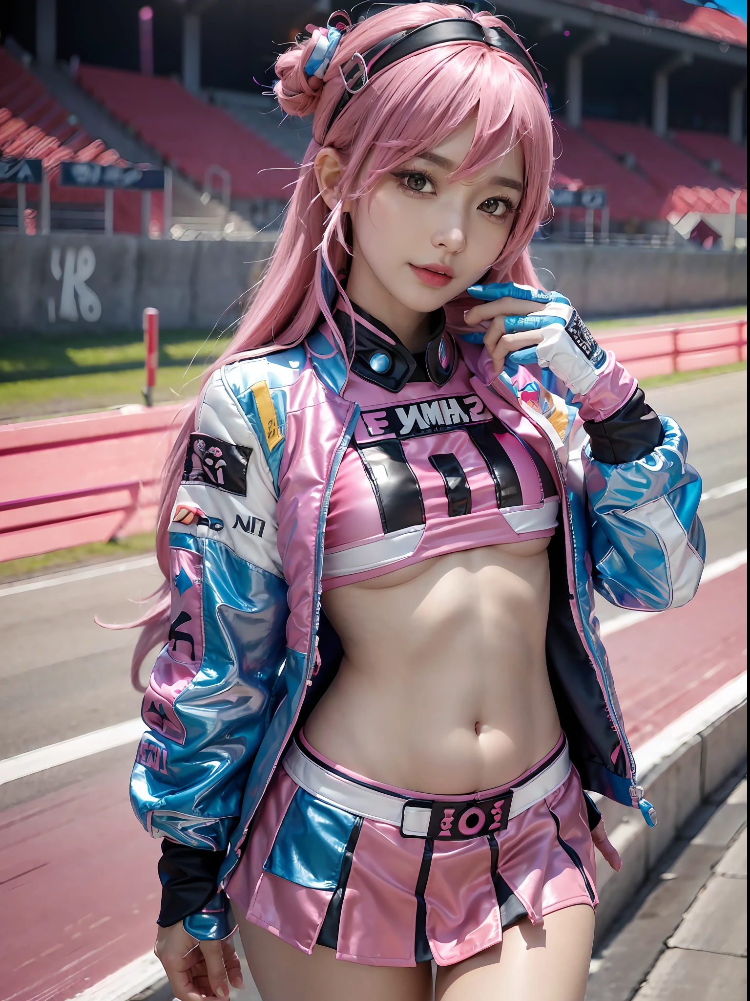 Top Quality, Ultra High Resolution, (Photorealistic: 1.4), (Pink Long Hair: 1.3), (Azure Lane\), One Girl, (Kpop Idol), Watch Audience, Detailed Face, Contrappost, Smooth Skin, Perfect Anatomy Professional Lighting, Futuristic Fashion, Streetwear, High-Tech Fabric, Racing Suit, Fireproof Material, Elbow and knee pads, racing gloves, personalized embroidery, mini skirt, belly button, pink hair, Suzuka circuit, circuit home straight, race track, international circuit, SUPERGT, race queen