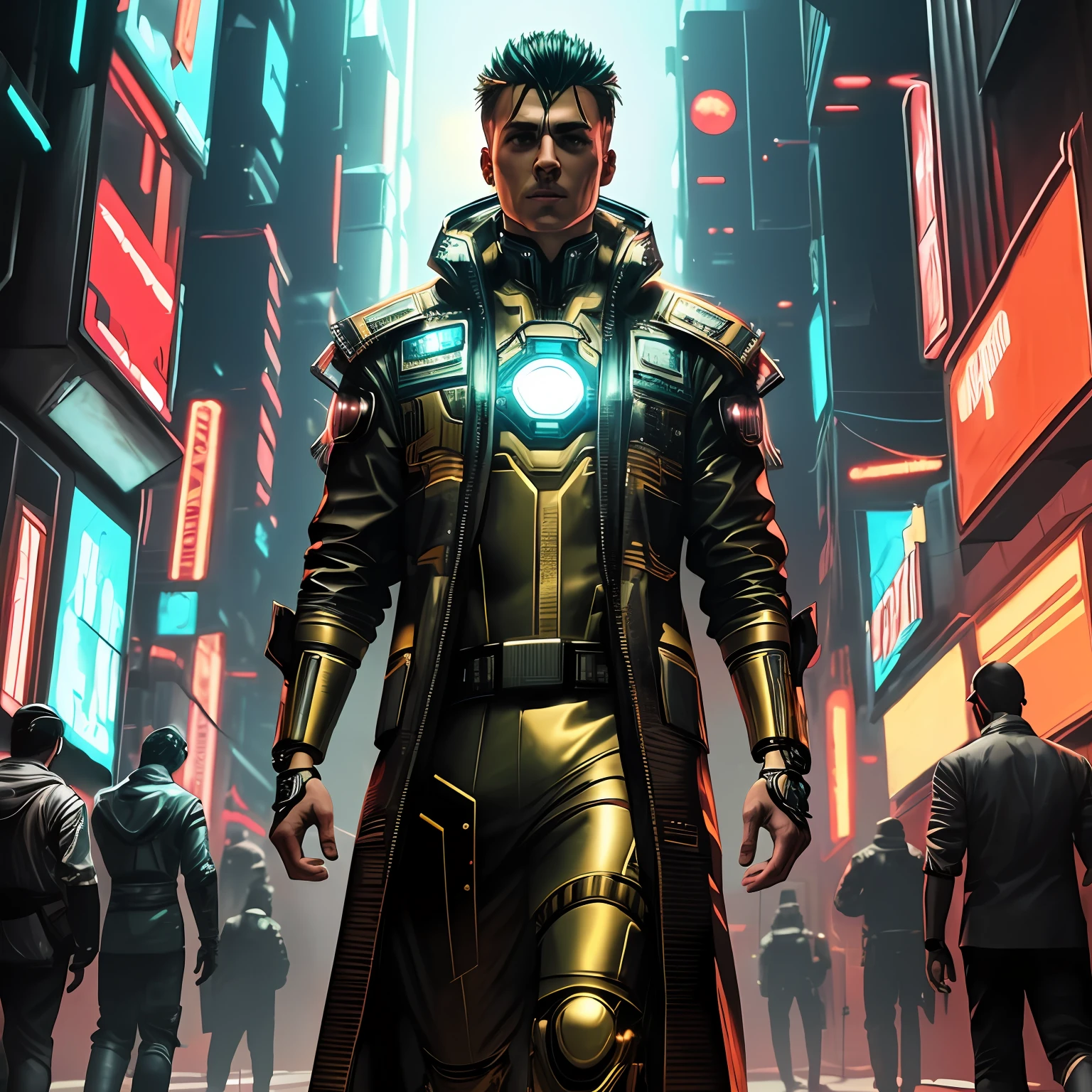 (best quality:1.3), (best performance:1.2), (best illustration:1.2), (Comic style:1.2), (artistic cinematic lighting:1.2) (1man) wearing futuristic technological Cyberpunk electronic robes, his body is covered by metallic parts, in a cinematic horror movie background in a futuristic Cyberpunk city.